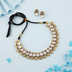 Tehzeeb Creations White Colour Gold-Polished Stone Jewellery Choker Necklace Set With Matching Pair of Stud Earrings