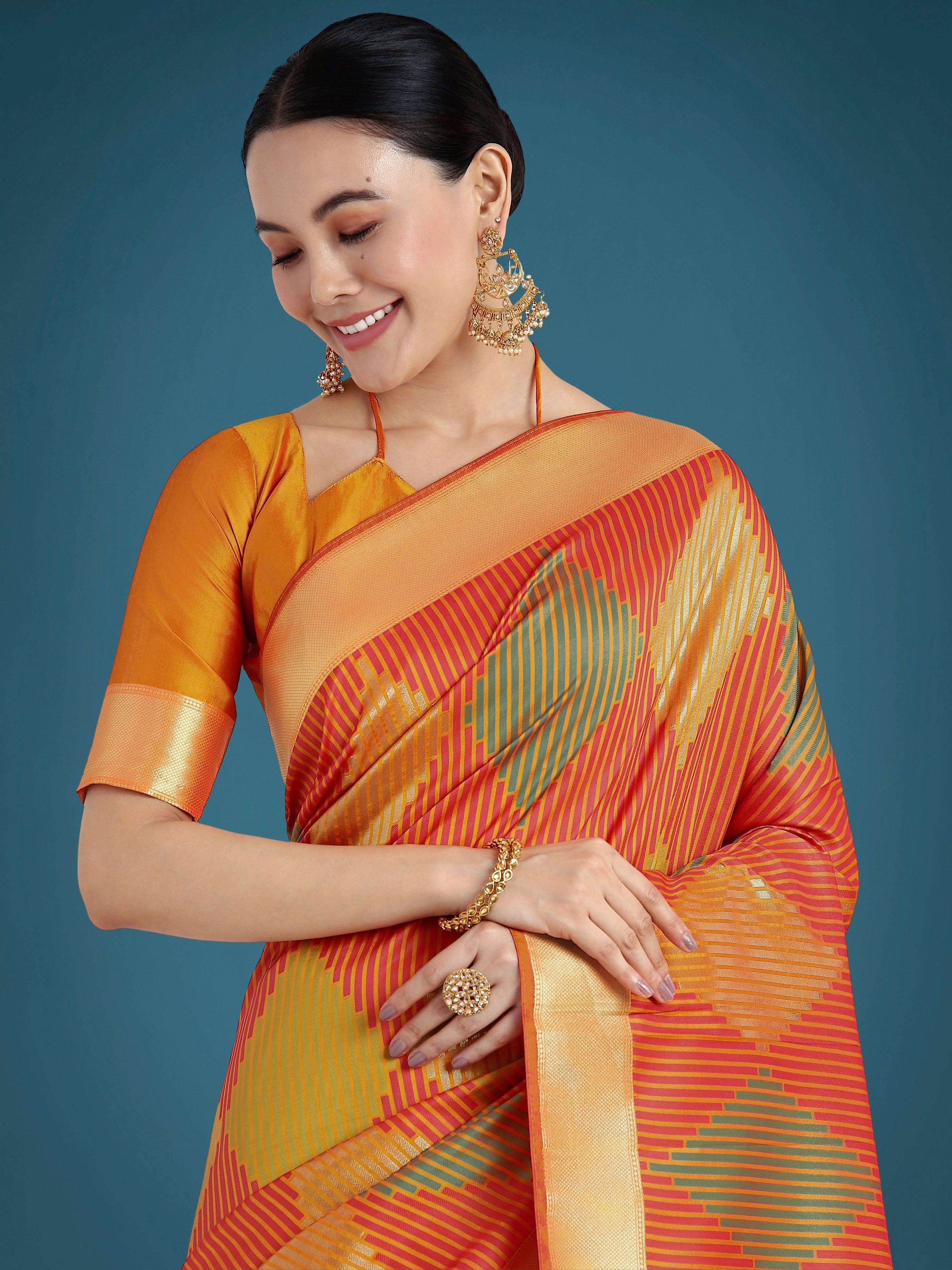 Monjolika Fashion Orange Colour Banarasi Silk Zari Weaving Classic Saree - Distacart