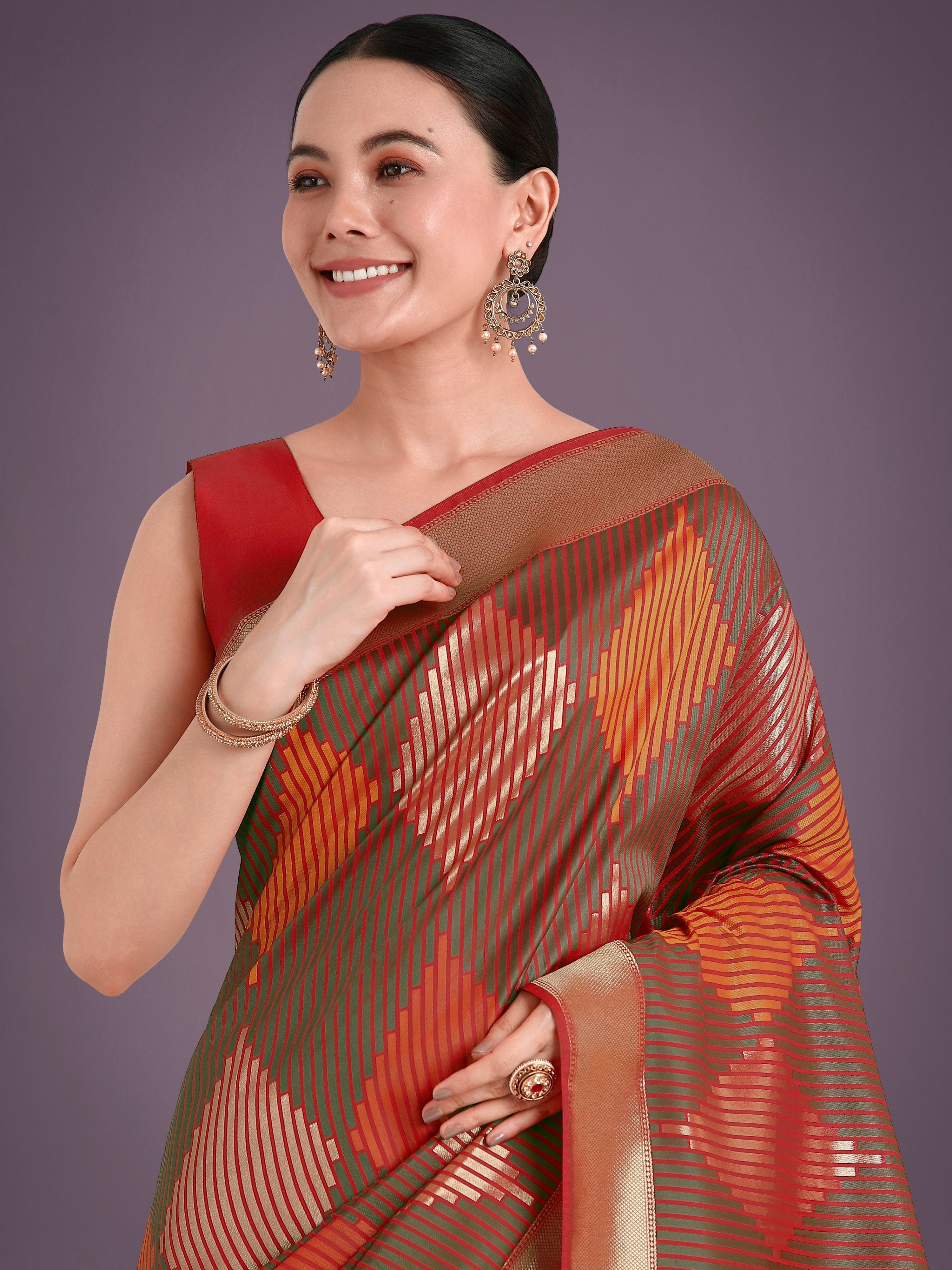 Monjolika Fashion Red Colour Banarasi Silk Zari Weaving Classic Saree - Distacart