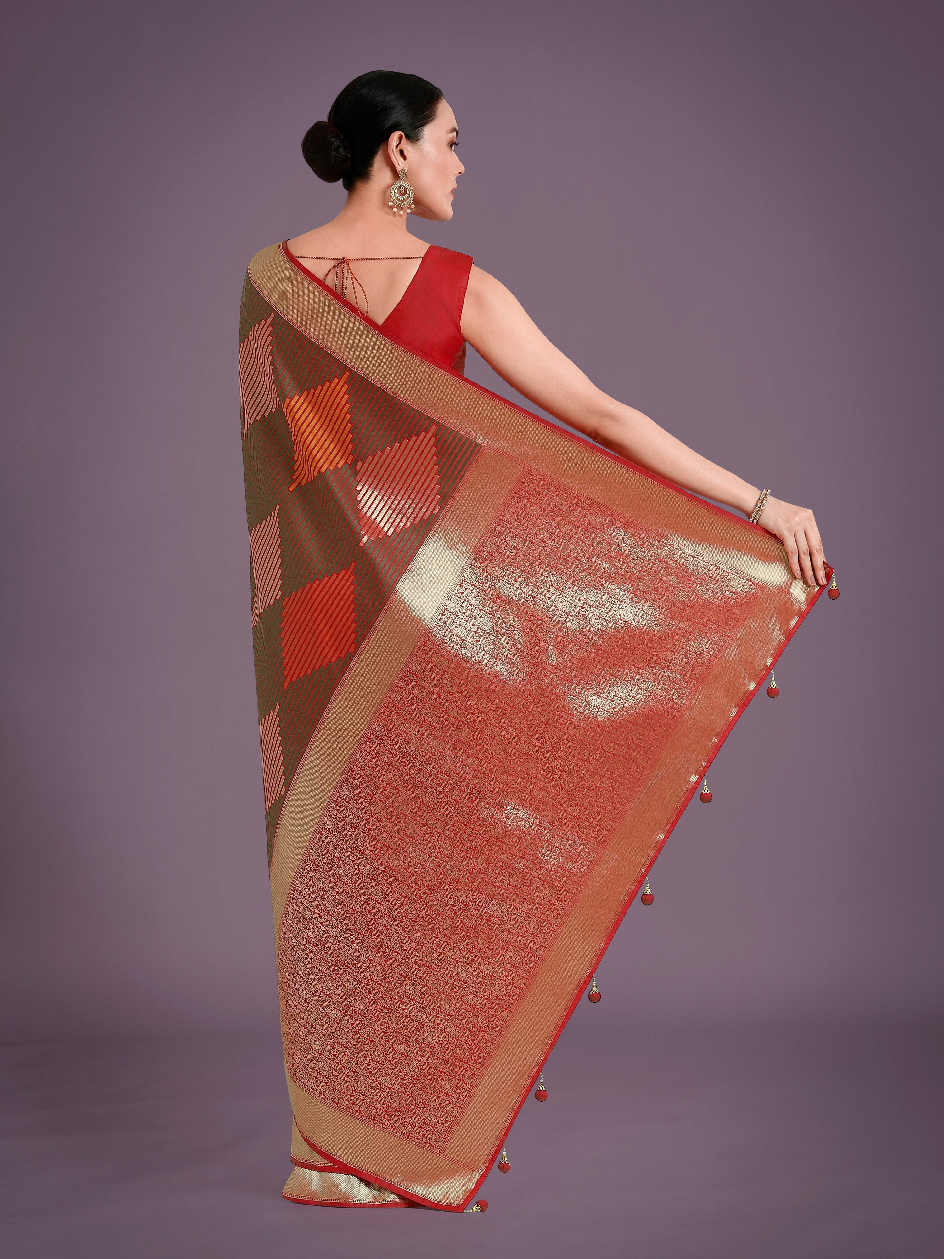 Monjolika Fashion Red Colour Banarasi Silk Zari Weaving Classic Saree - Distacart