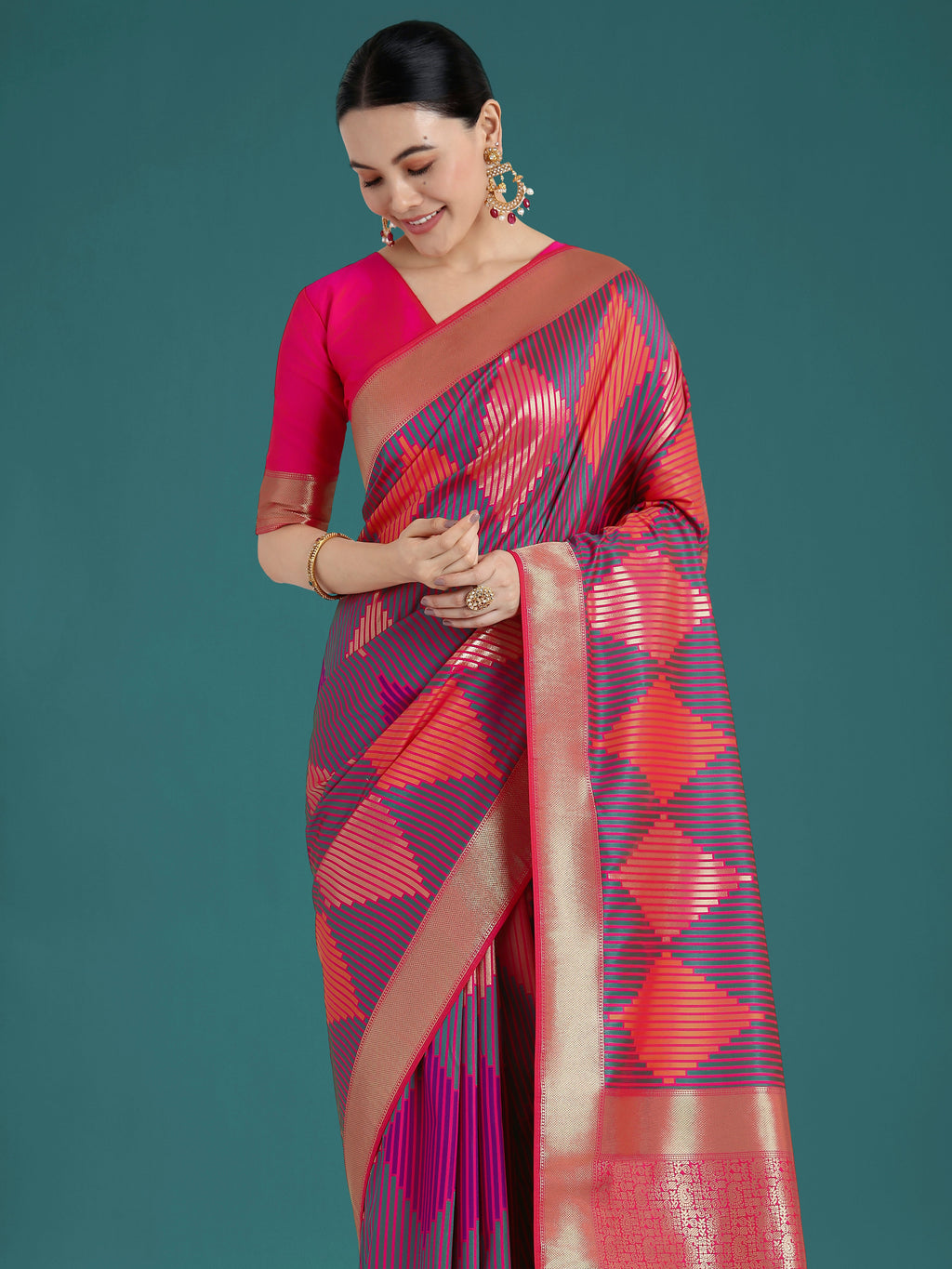 Monjolika Fashion Pink Colour Banarasi Satin Silk Zari Weaving Classic Saree - Distacart