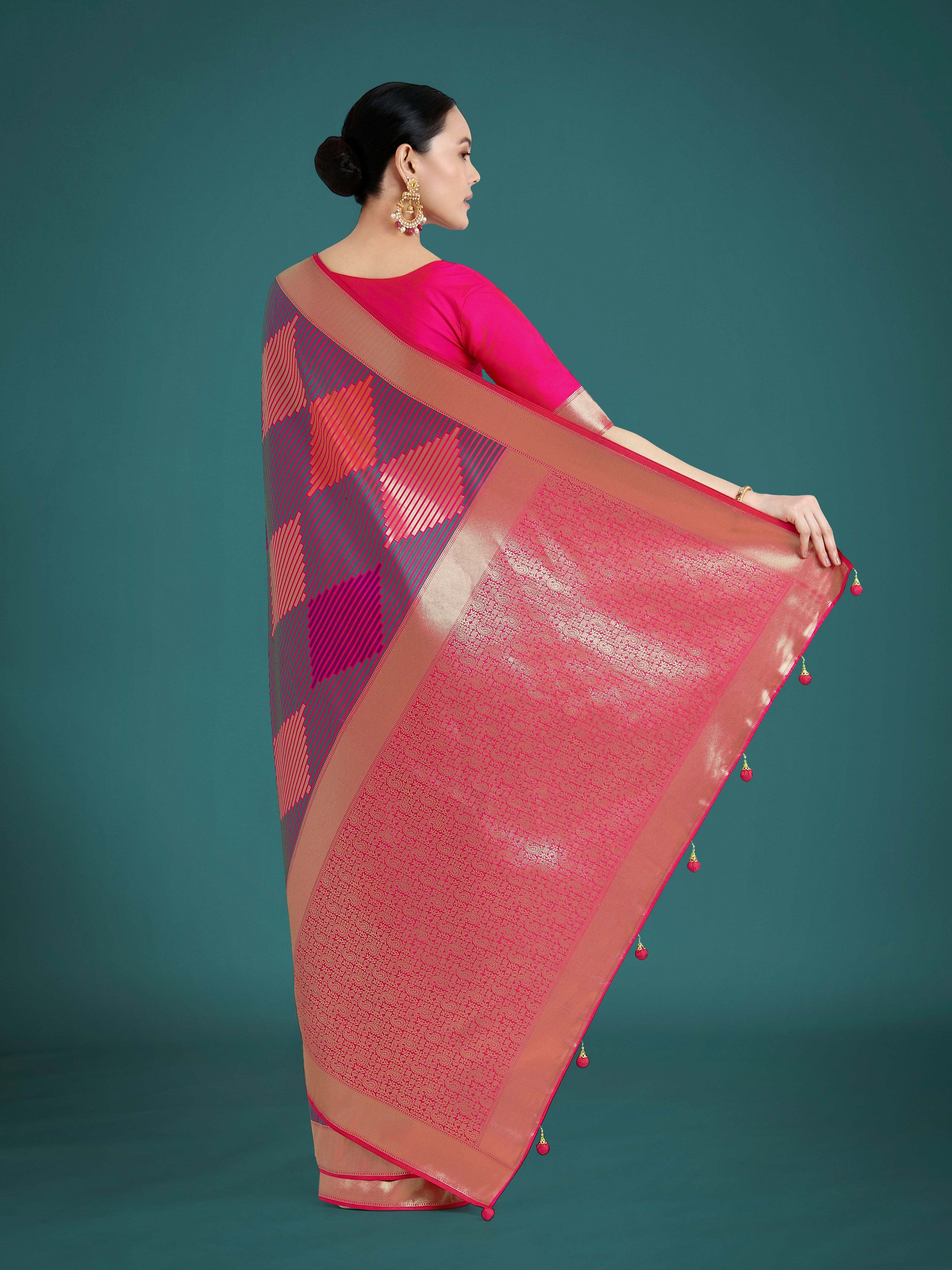 Monjolika Fashion Pink Colour Banarasi Satin Silk Zari Weaving Classic Saree - Distacart