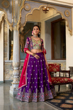 Lorenvalley Purple Vichitra Silk Sequins and Thread Embroidery Work Lehenga Choli with Dupatta