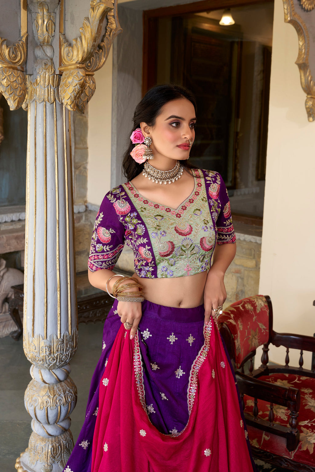 Lorenvalley Purple Vichitra Silk Sequins and Thread Embroidery Work Lehenga Choli with Dupatta