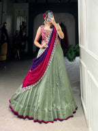 Lorenvalley Seagreen Vichitra Silk Plain With Sequins and Thread Embroidery Work Belt Lehenga Choli