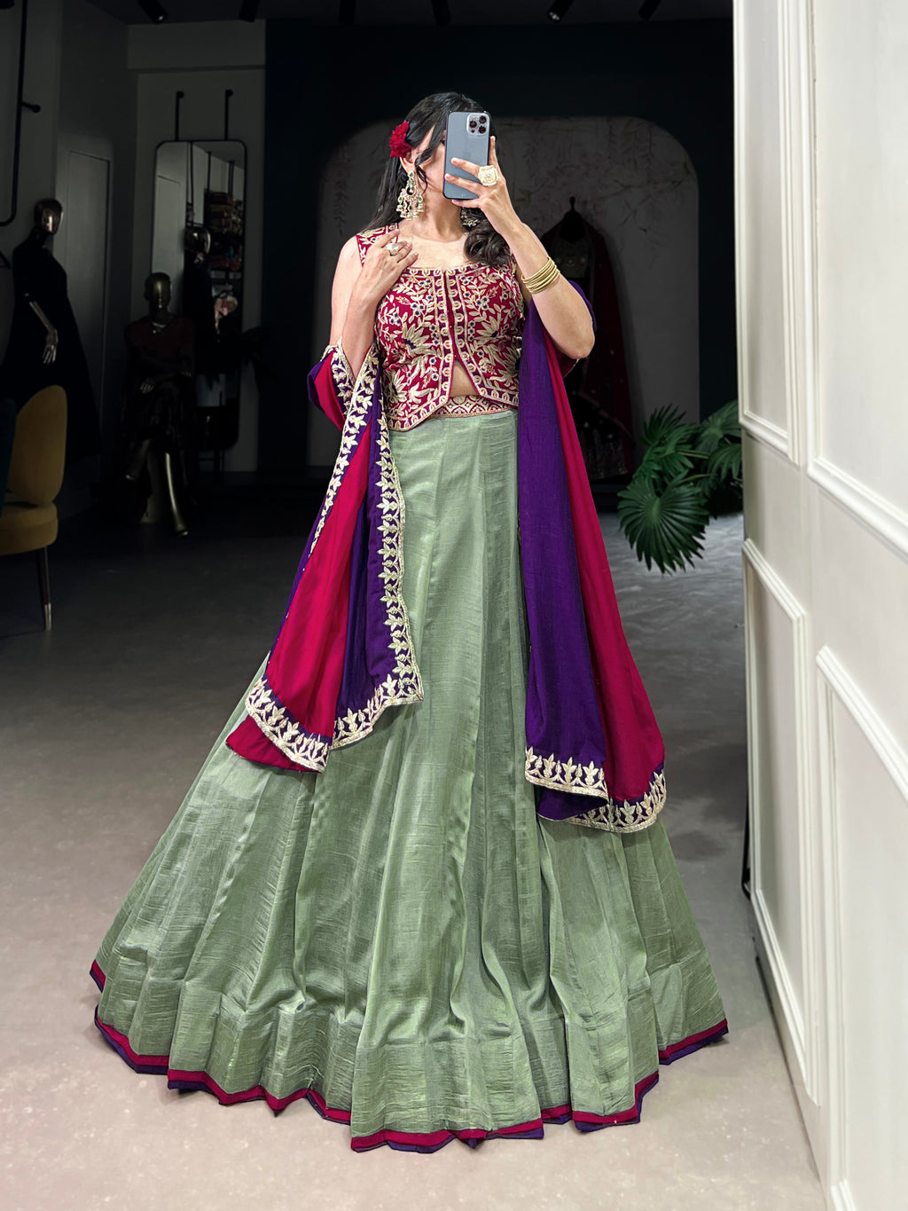 Lorenvalley Seagreen Vichitra Silk Plain With Sequins and Thread Embroidery Work Belt Lehenga Choli