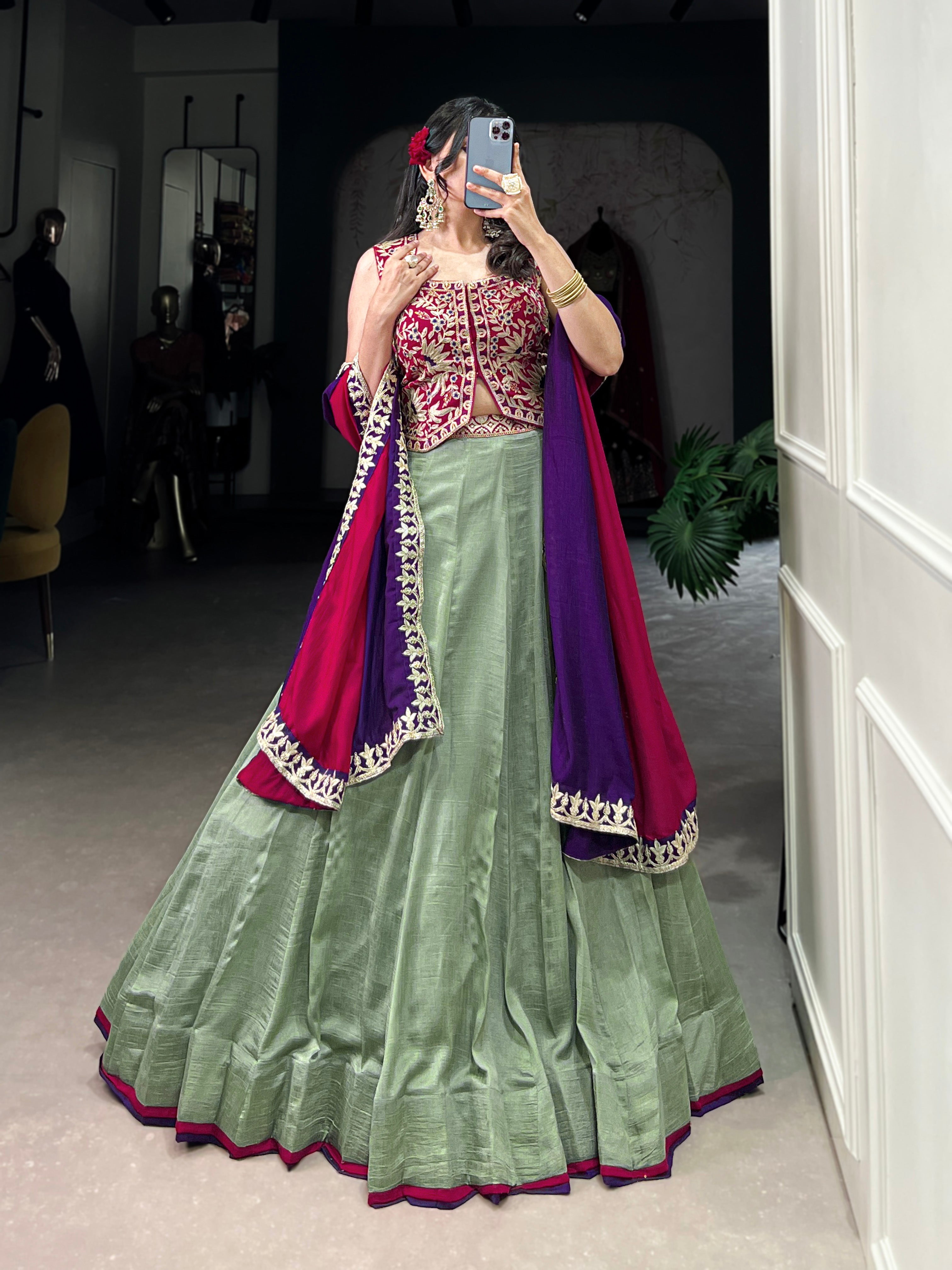 Lorenvalley Seagreen Vichitra Silk Plain With Sequins and Thread Embroidery Work Belt Lehenga Choli