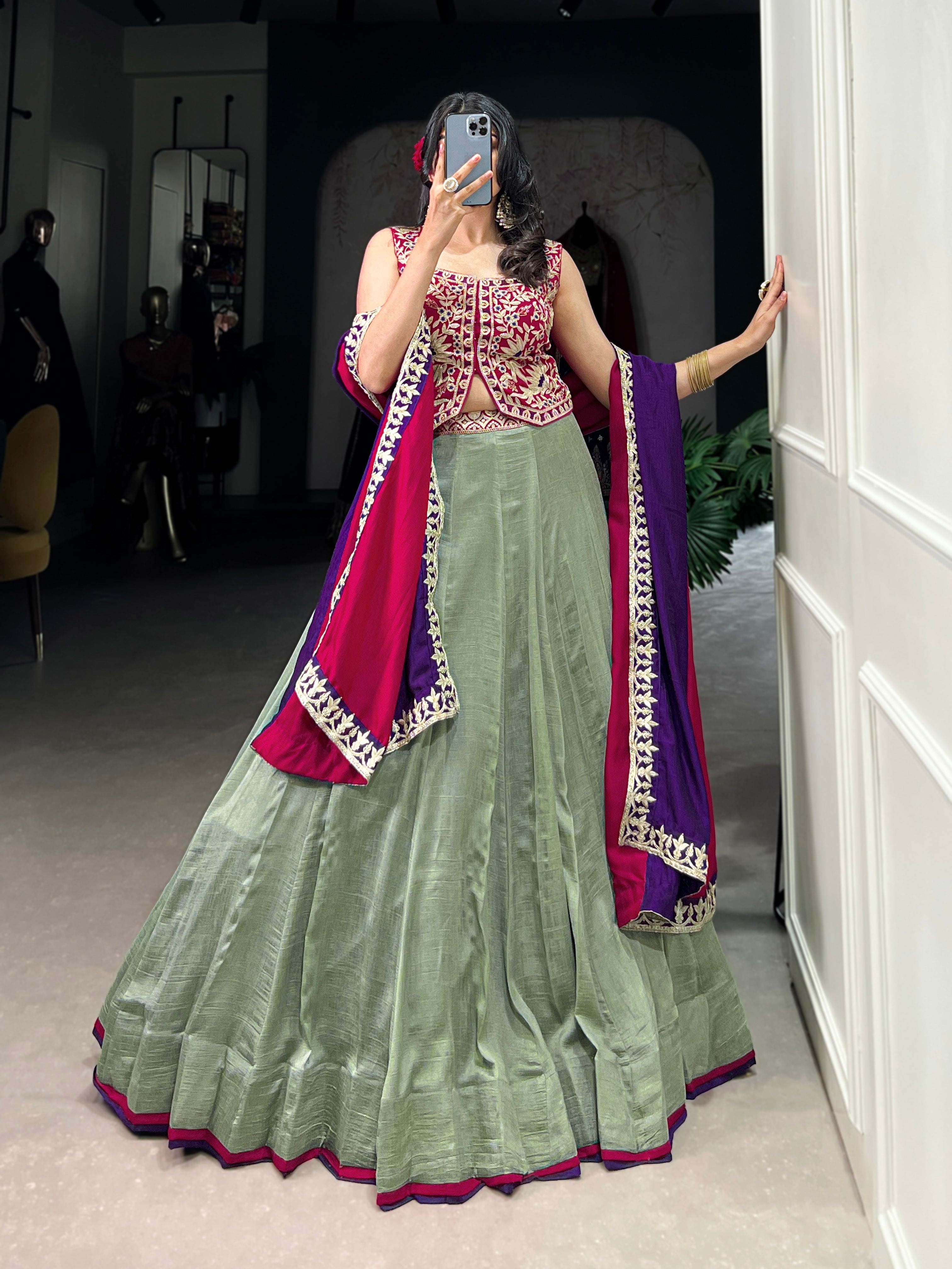Lorenvalley Seagreen Vichitra Silk Plain With Sequins and Thread Embroidery Work Belt Lehenga Choli