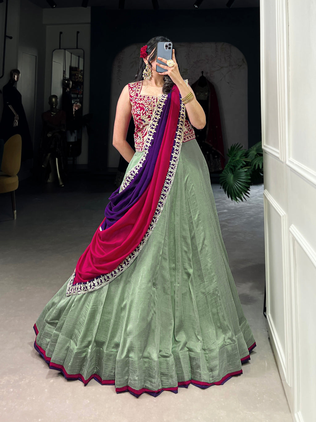 Lorenvalley Seagreen Vichitra Silk Plain With Sequins and Thread Embroidery Work Belt Lehenga Choli