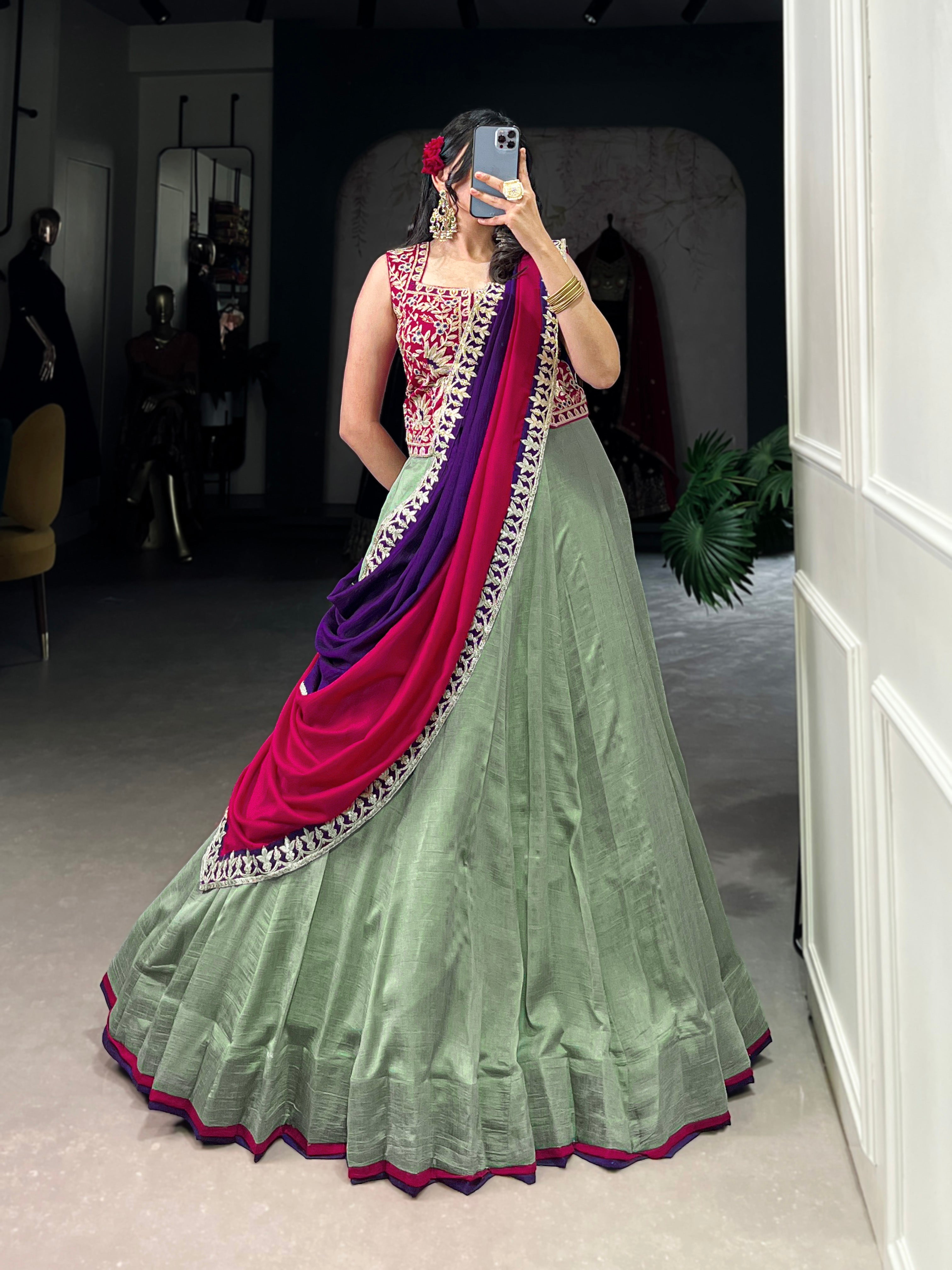 Lorenvalley Seagreen Vichitra Silk Plain With Sequins and Thread Embroidery Work Belt Lehenga Choli