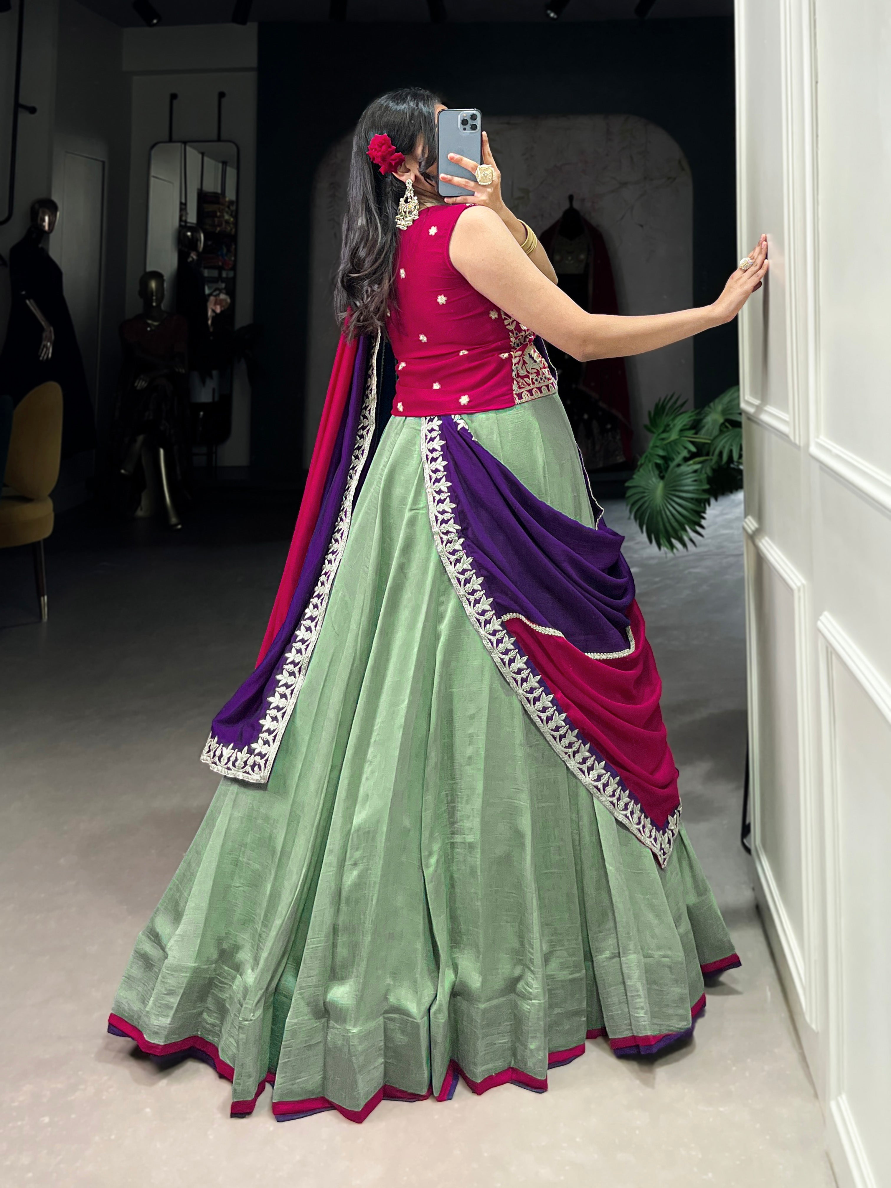 Lorenvalley Seagreen Vichitra Silk Plain With Sequins and Thread Embroidery Work Belt Lehenga Choli