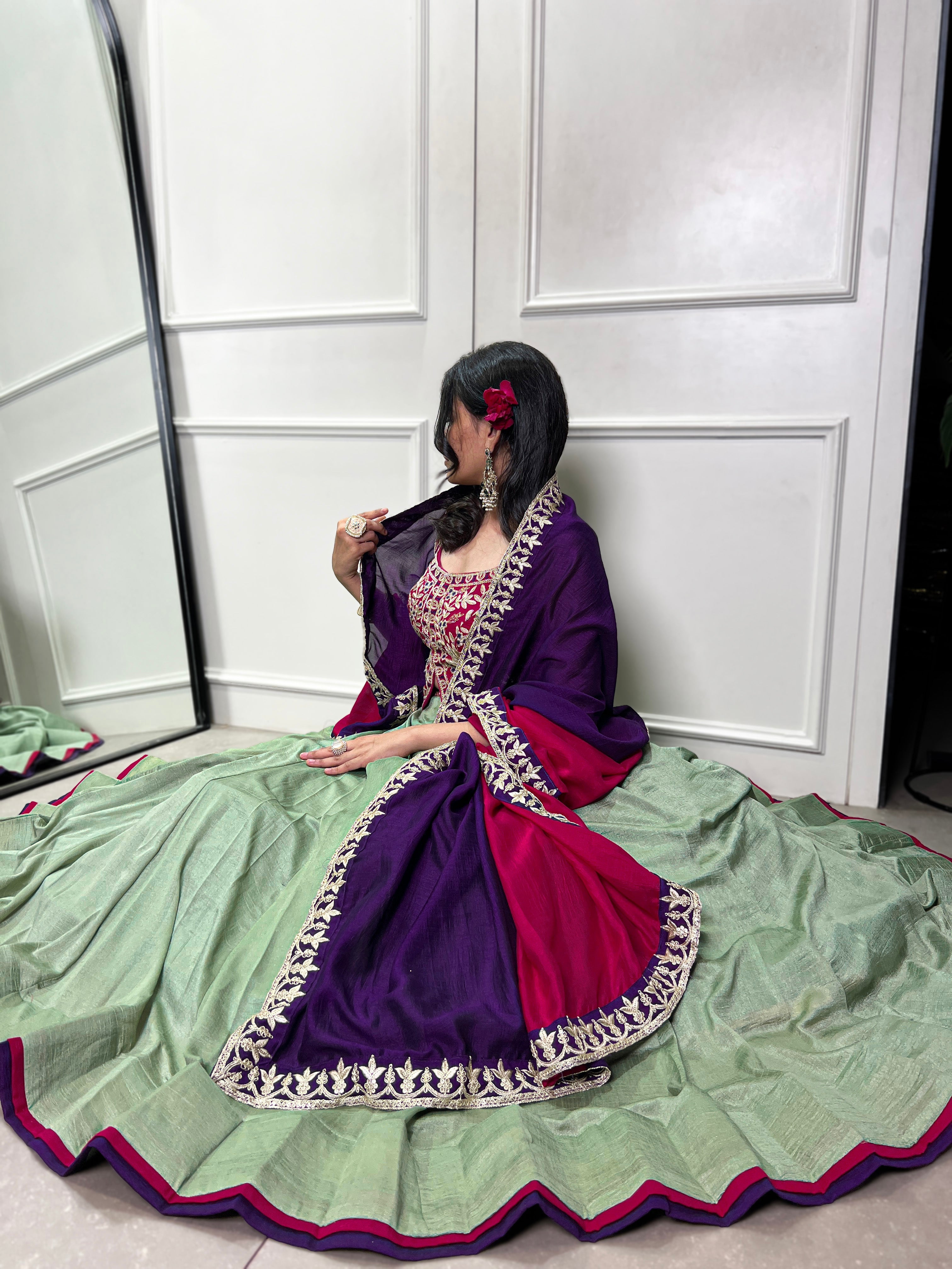 Lorenvalley Seagreen Vichitra Silk Plain With Sequins and Thread Embroidery Work Belt Lehenga Choli