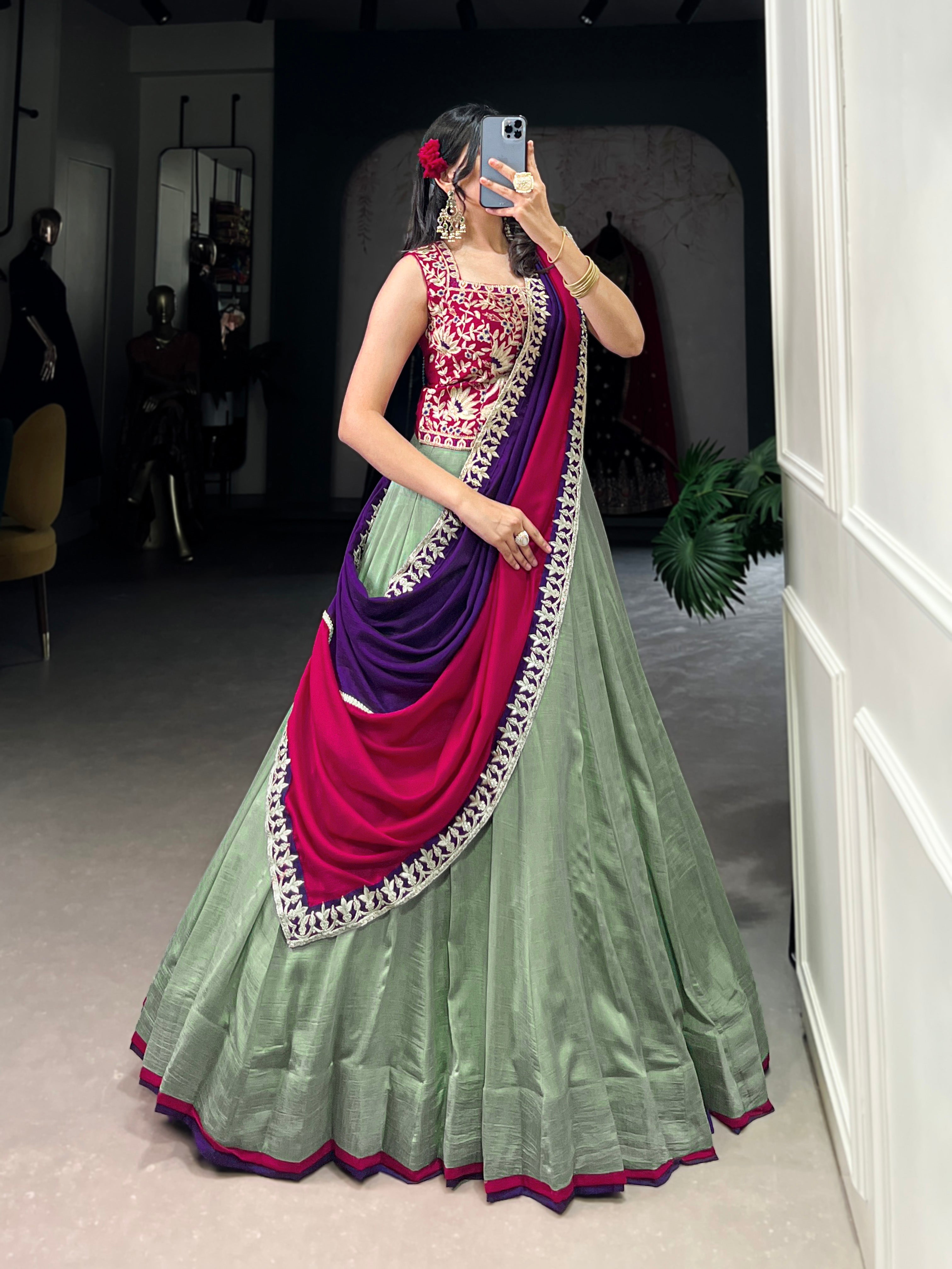 Lorenvalley Seagreen Vichitra Silk Plain With Sequins and Thread Embroidery Work Belt Lehenga Choli