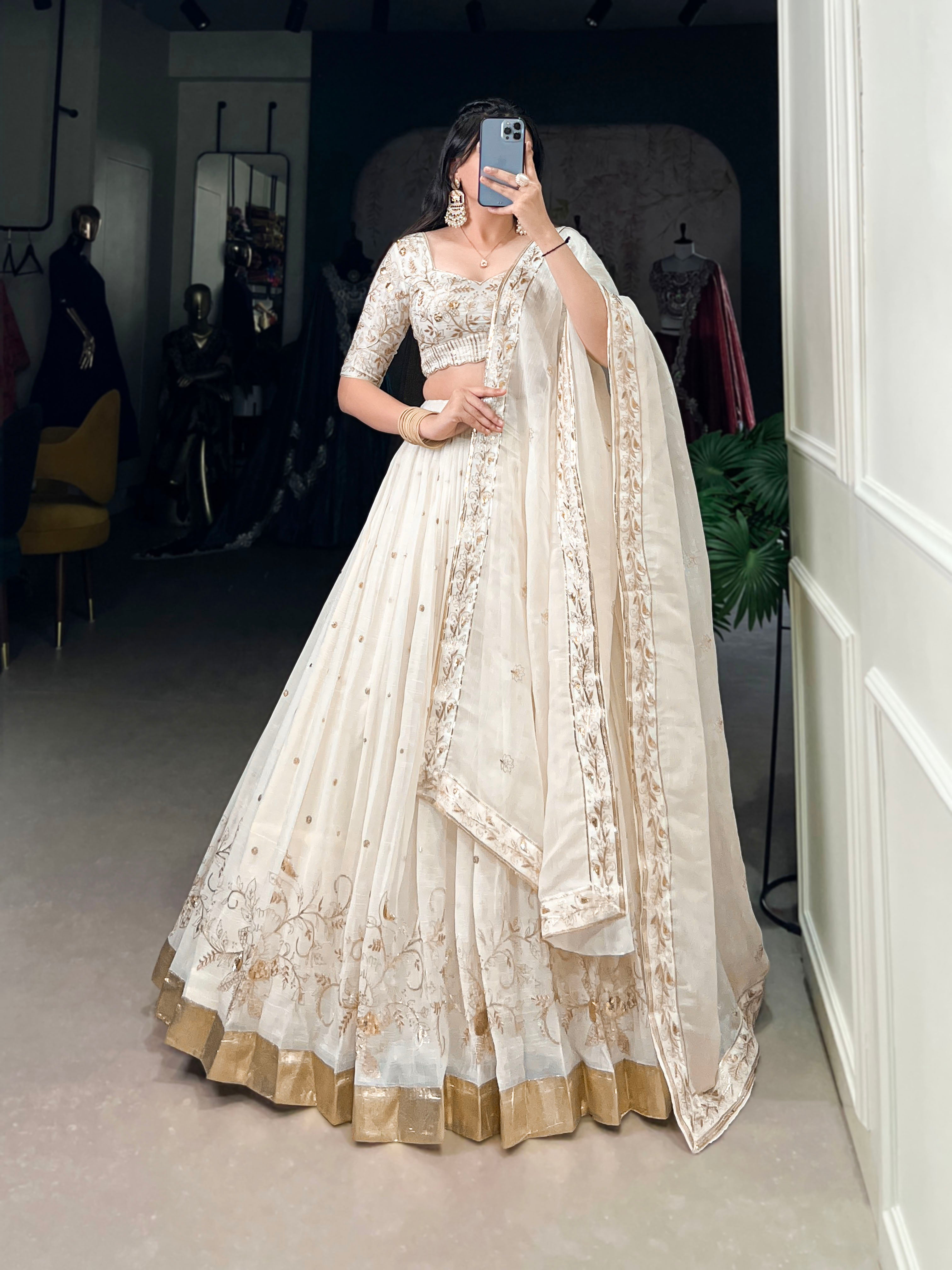 Lorenvalley Off White Silver Glosy Fabric with Sequins and Embroidery with Foil Work Lehenga Choli