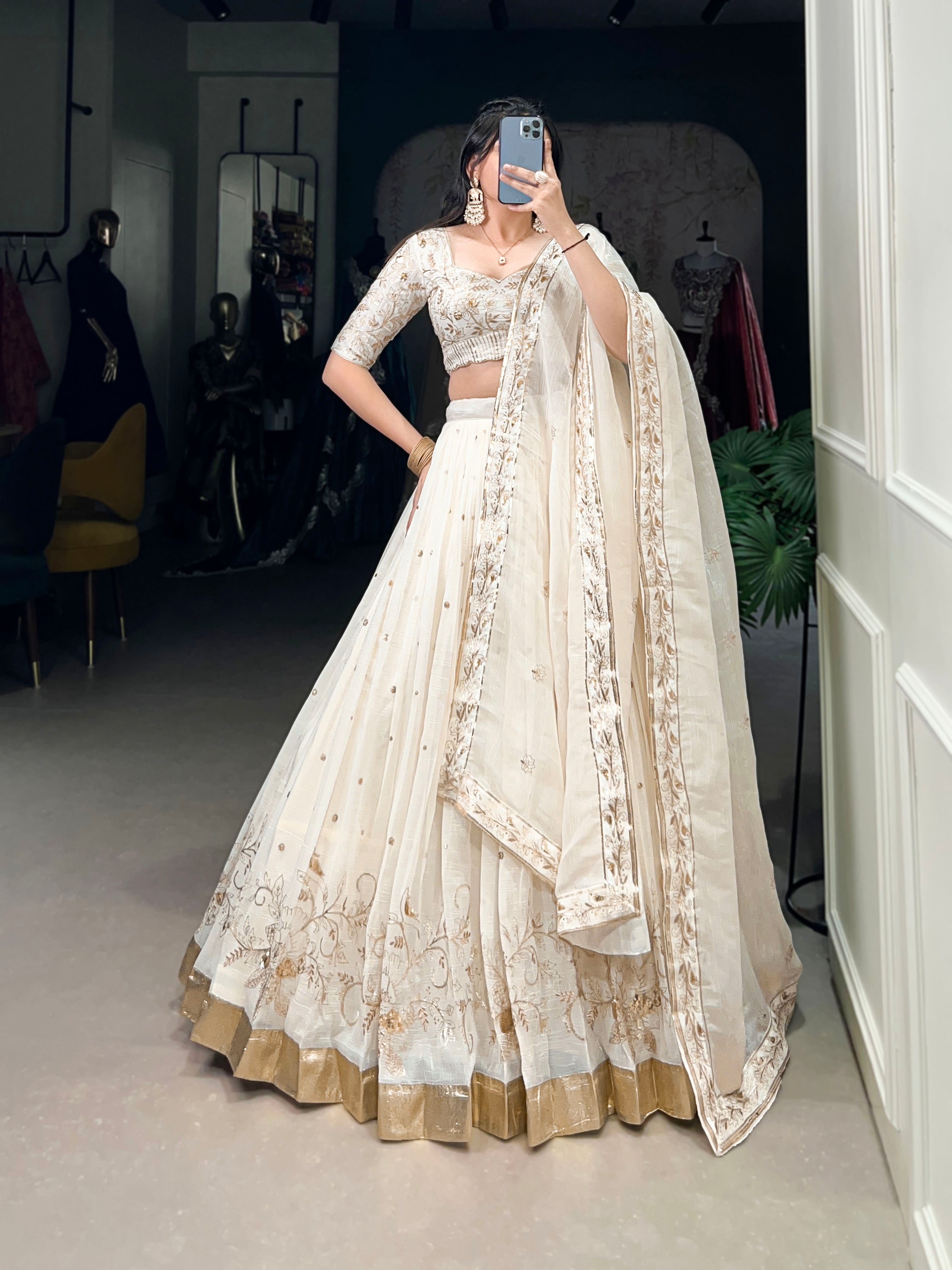 Lorenvalley Off White Silver Glosy Fabric with Sequins and Embroidery with Foil Work Lehenga Choli