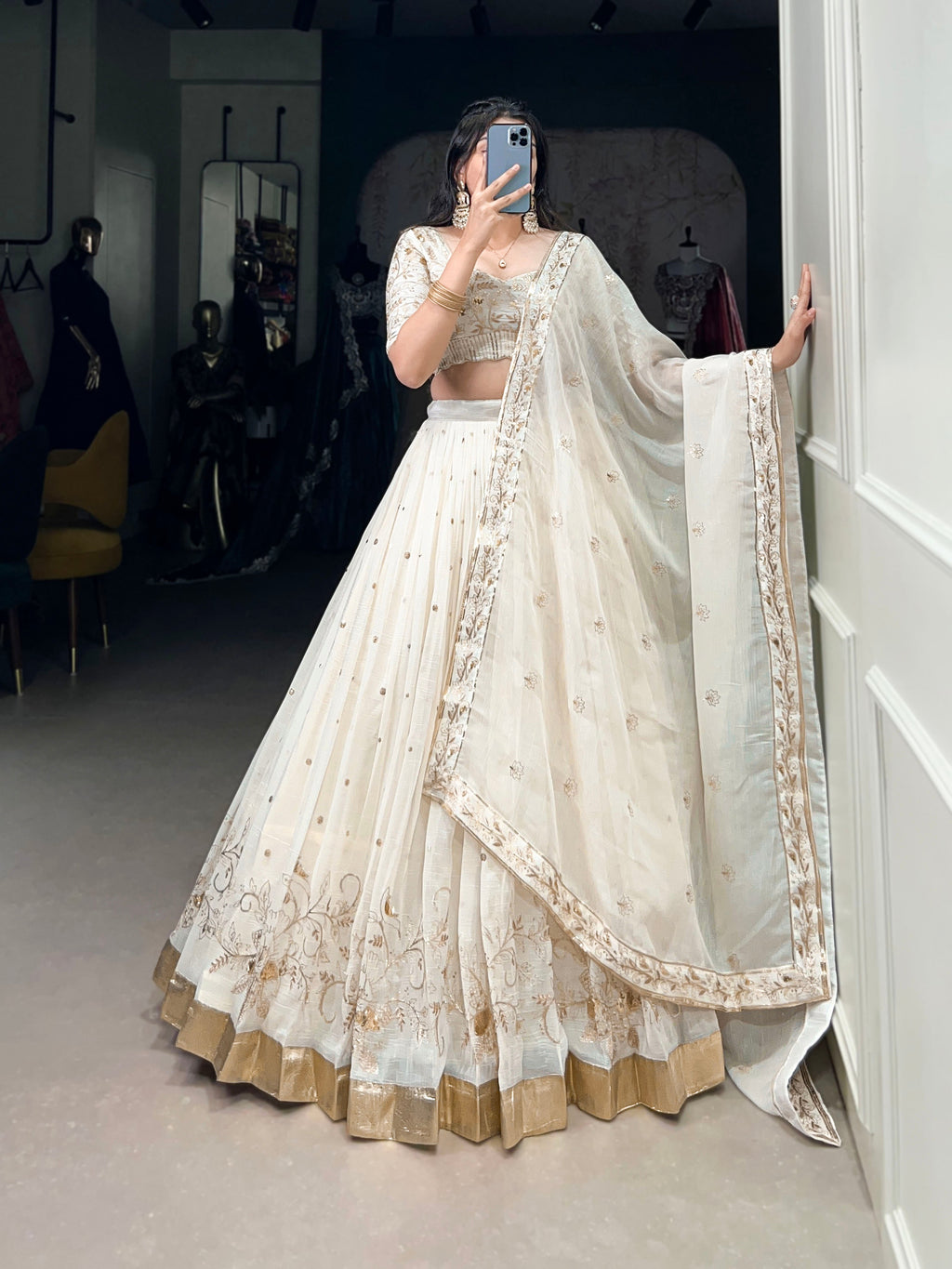 Lorenvalley Off White Silver Glosy Fabric with Sequins and Embroidery with Foil Work Lehenga Choli