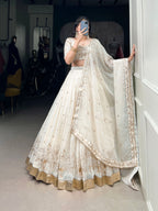 Lorenvalley Off White Silver Glosy Fabric with Sequins and Embroidery with Foil Work Lehenga Choli