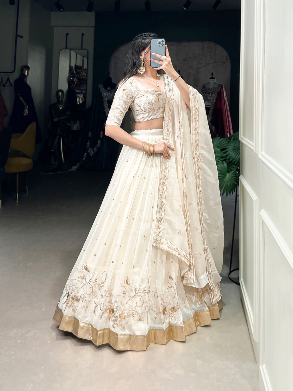 Lorenvalley Off White Silver Glosy Fabric with Sequins and Embroidery with Foil Work Lehenga Choli