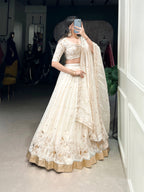 Lorenvalley Off White Silver Glosy Fabric with Sequins and Embroidery with Foil Work Lehenga Choli