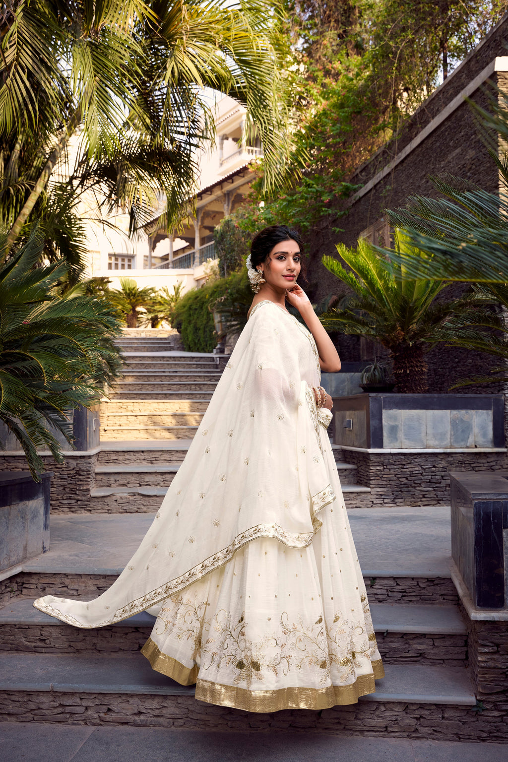 Lorenvalley Offwhite Silver Glosy Fabric Sequins and Embroidery with Foil Work Lehenga Choli with Dupatta