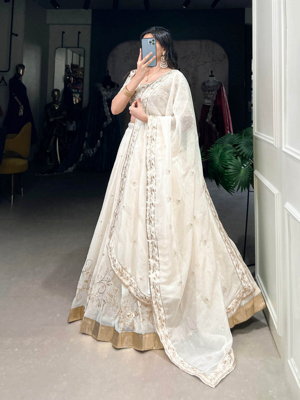 Lorenvalley Off White Silver Glosy Fabric with Sequins and Embroidery with Foil Work Lehenga Choli