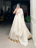 Lorenvalley Off White Silver Glosy Fabric with Sequins and Embroidery with Foil Work Lehenga Choli