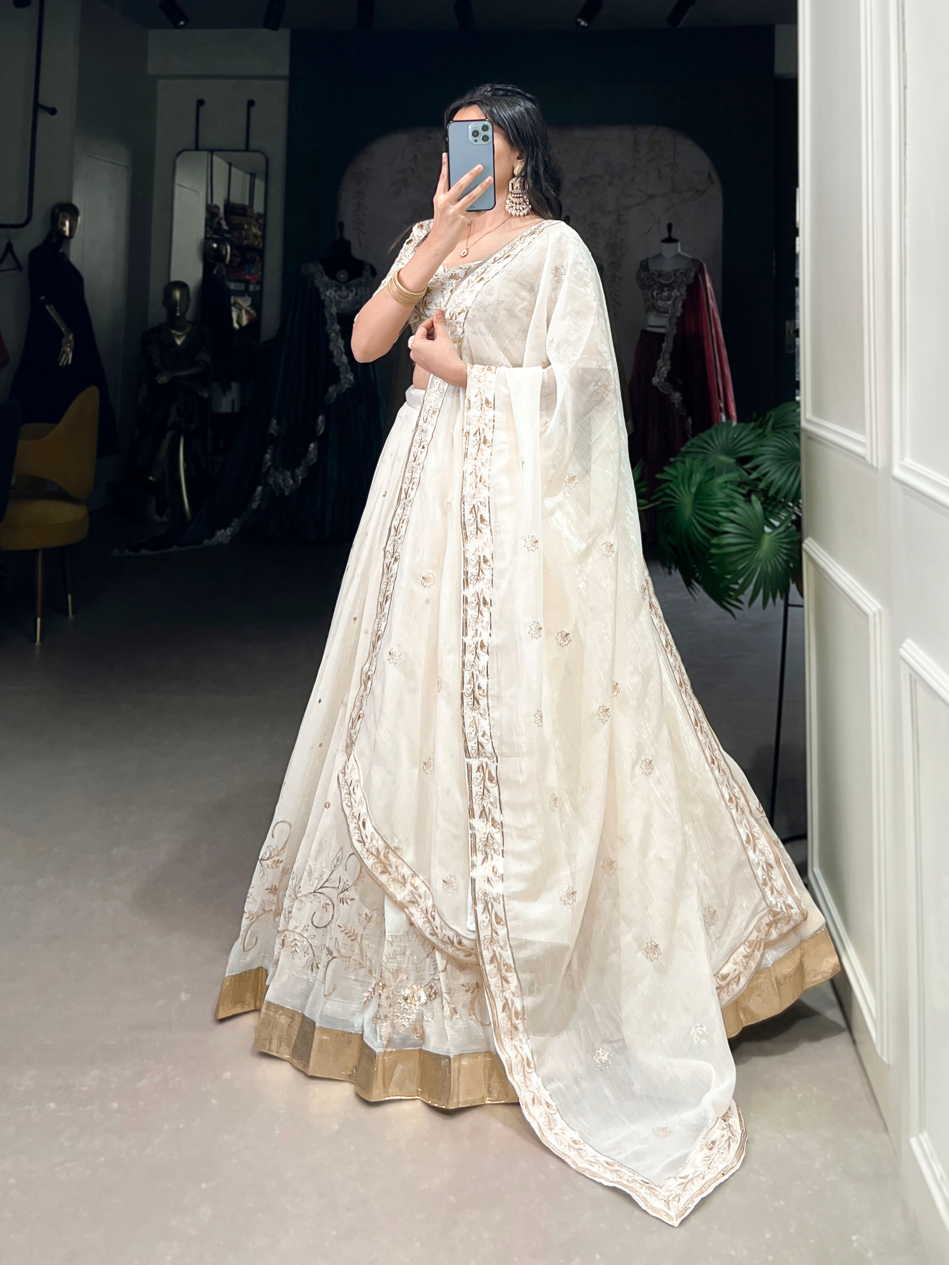 Lorenvalley Off White Silver Glosy Fabric with Sequins and Embroidery with Foil Work Lehenga Choli