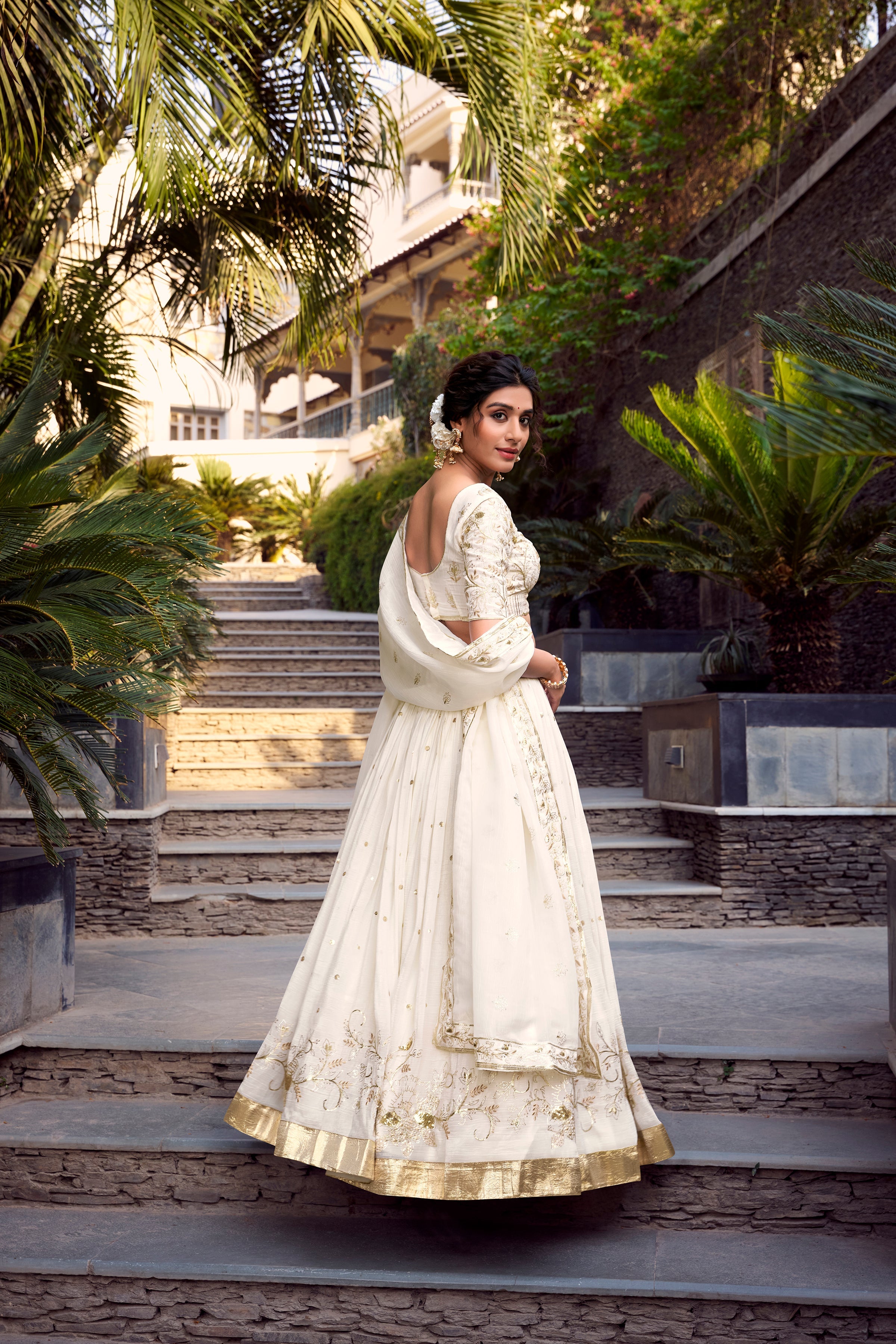 Lorenvalley Offwhite Silver Glosy Fabric Sequins and Embroidery with Foil Work Lehenga Choli with Dupatta