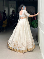 Lorenvalley Off White Silver Glosy Fabric with Sequins and Embroidery with Foil Work Lehenga Choli