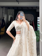 Lorenvalley Off White Silver Glosy Fabric with Sequins and Embroidery with Foil Work Lehenga Choli