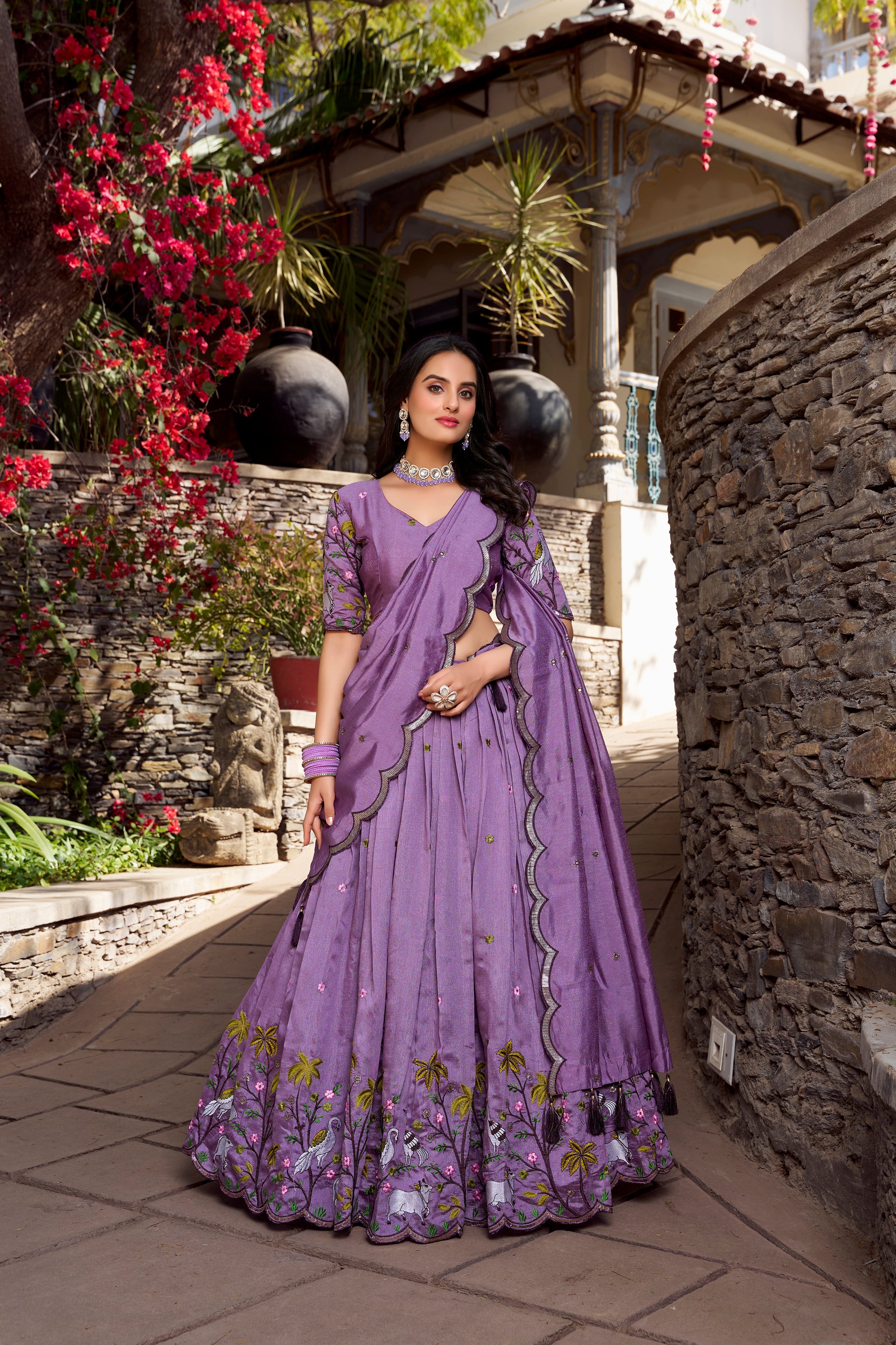 Lorenvalley Lavender Vichitra Shimmer Sequins and Thread Embroidery Work Lehenga Choli
