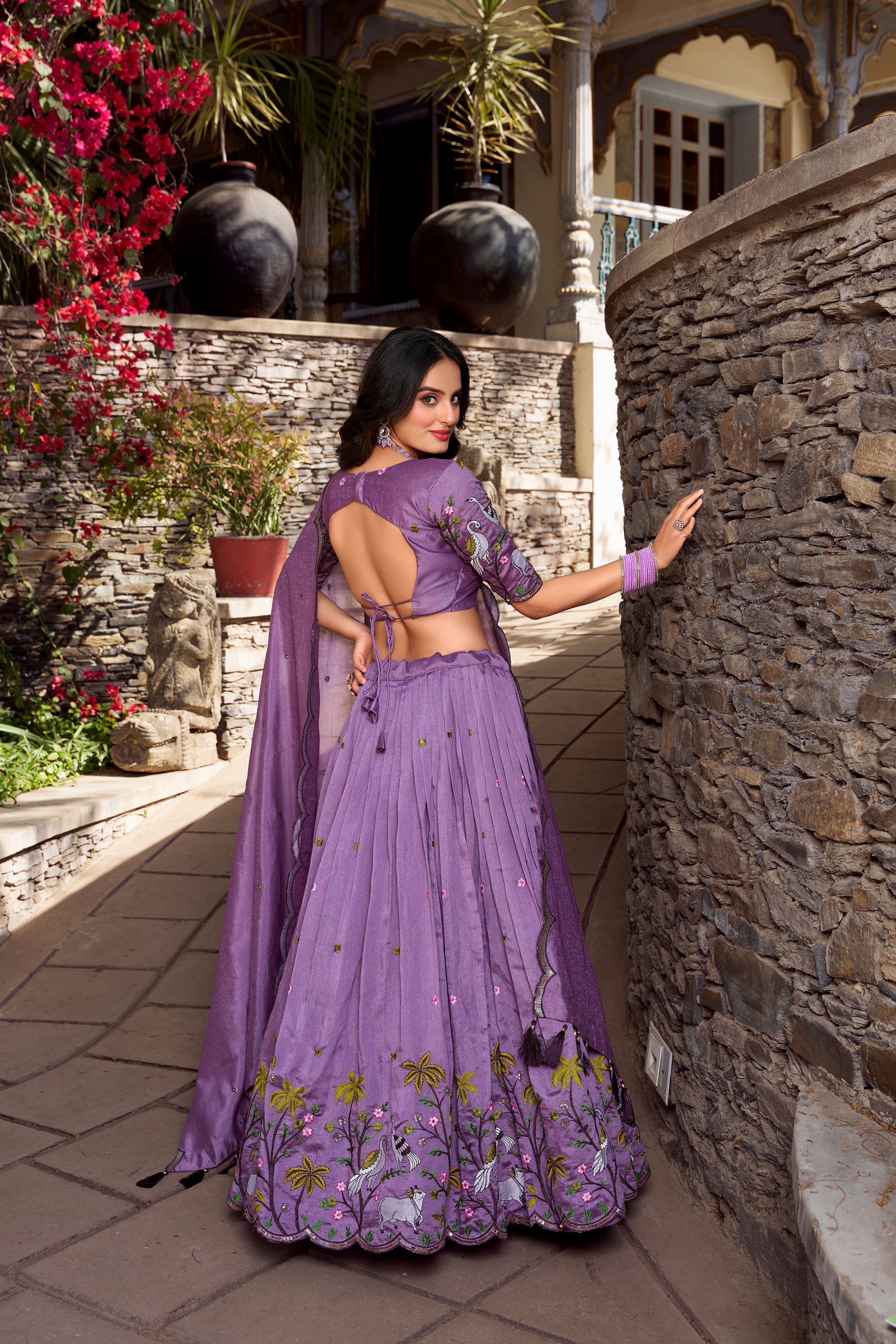 Lorenvalley Lavender Vichitra Shimmer Sequins and Thread Embroidery Work Lehenga Choli
