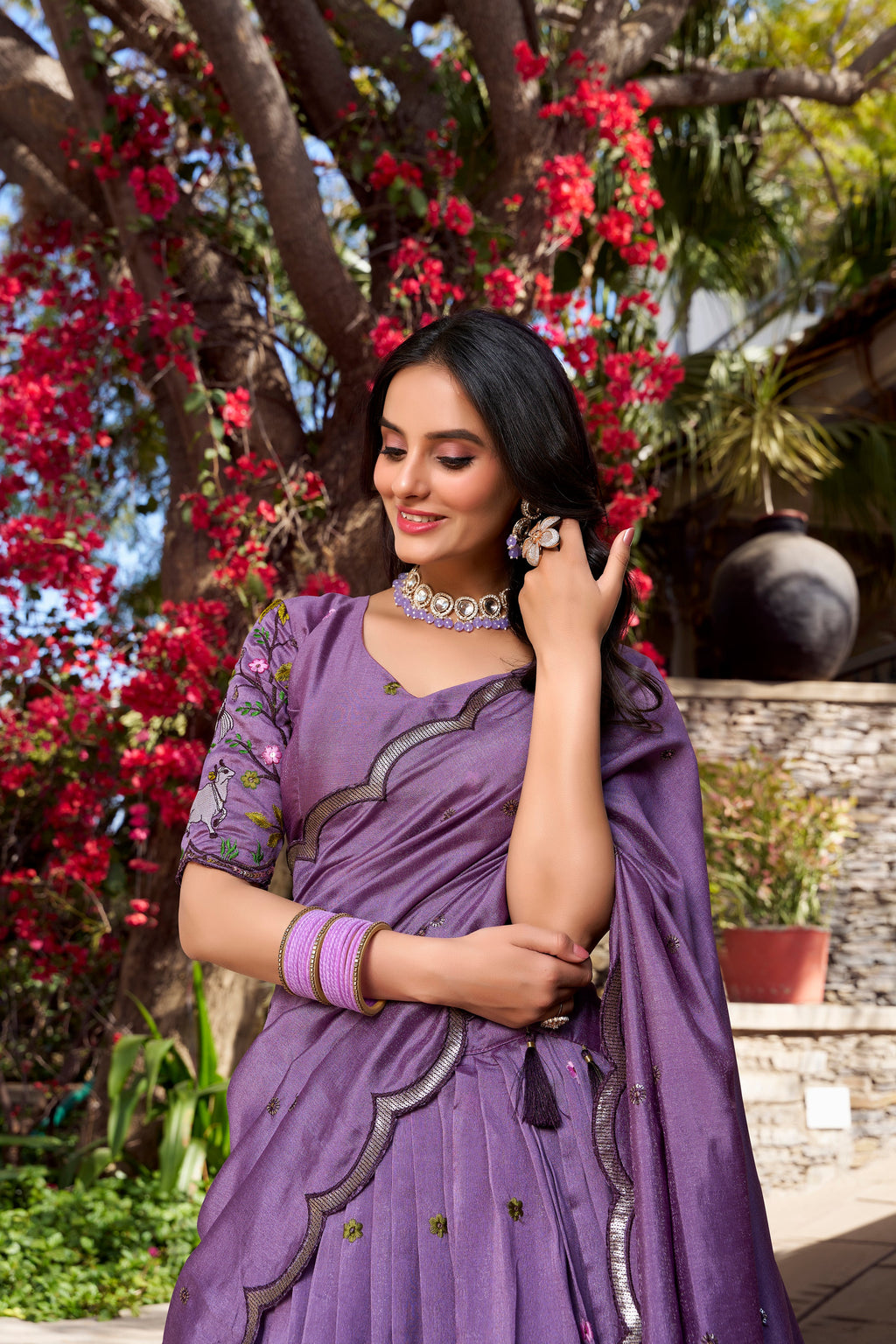 Lorenvalley Lavender Vichitra Shimmer Sequins and Thread Embroidery Work Lehenga Choli