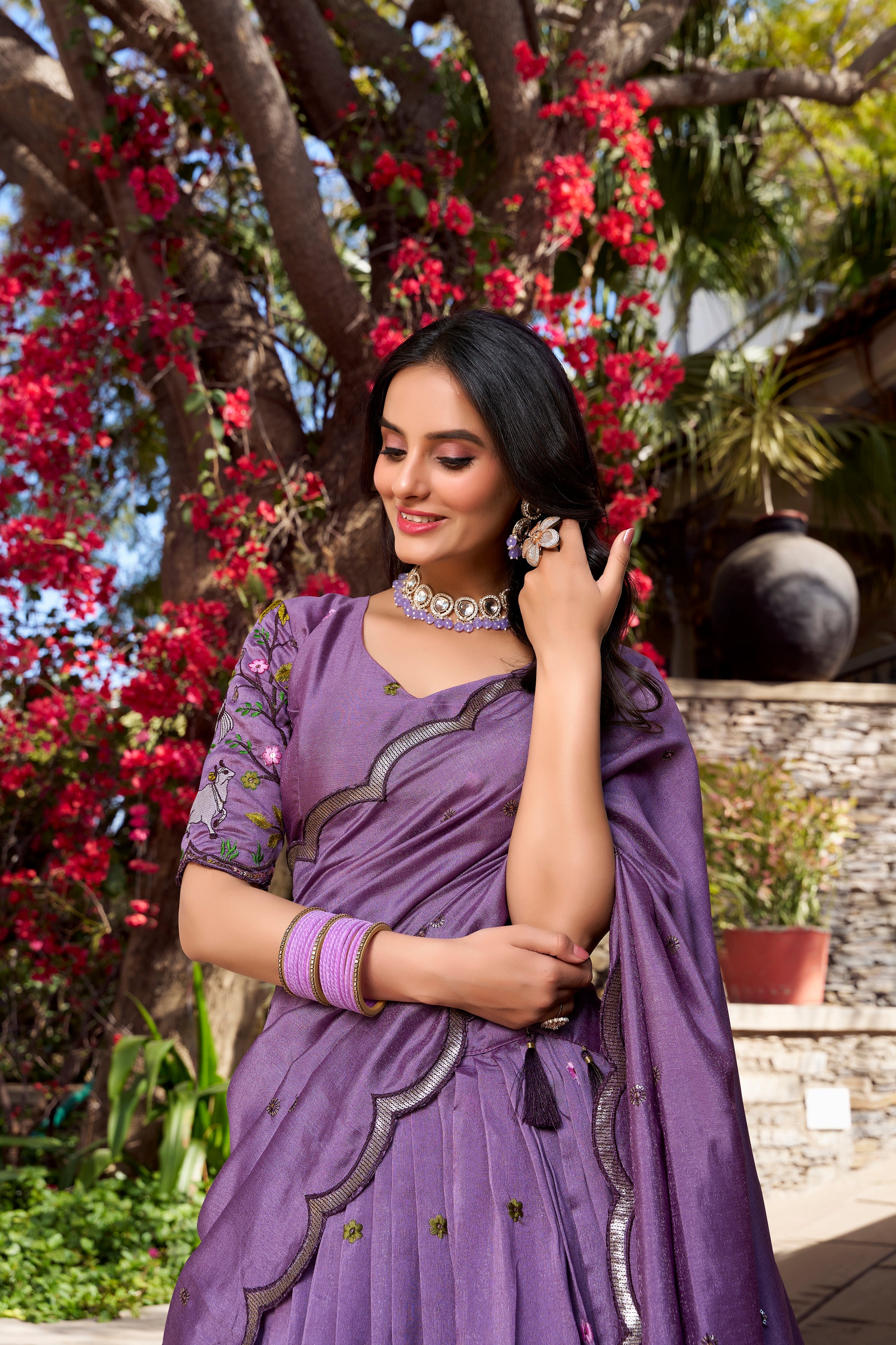 Lorenvalley Lavender Vichitra Shimmer Sequins and Thread Embroidery Work Lehenga Choli