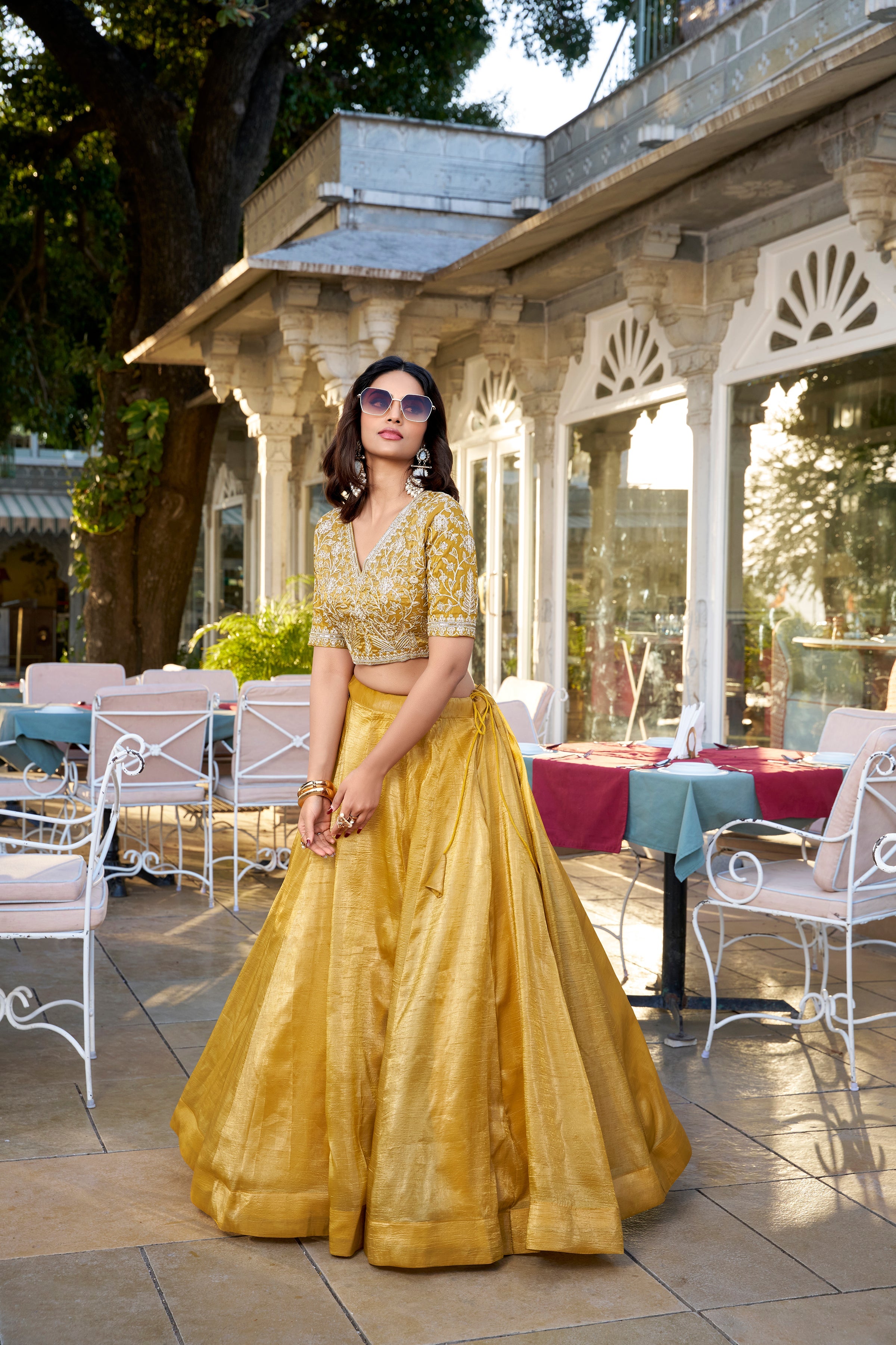 Lorenvalley Mustard Goldie Plain Lehenga with Sequins Thread Embroidery Work Choli