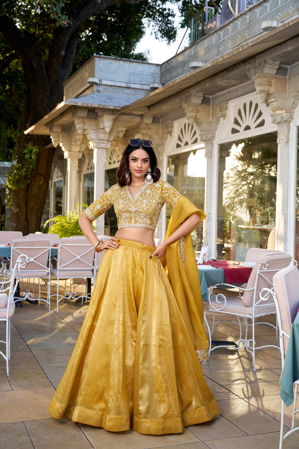 Lorenvalley Mustard Goldie Plain Lehenga with Sequins Thread Embroidery Work Choli