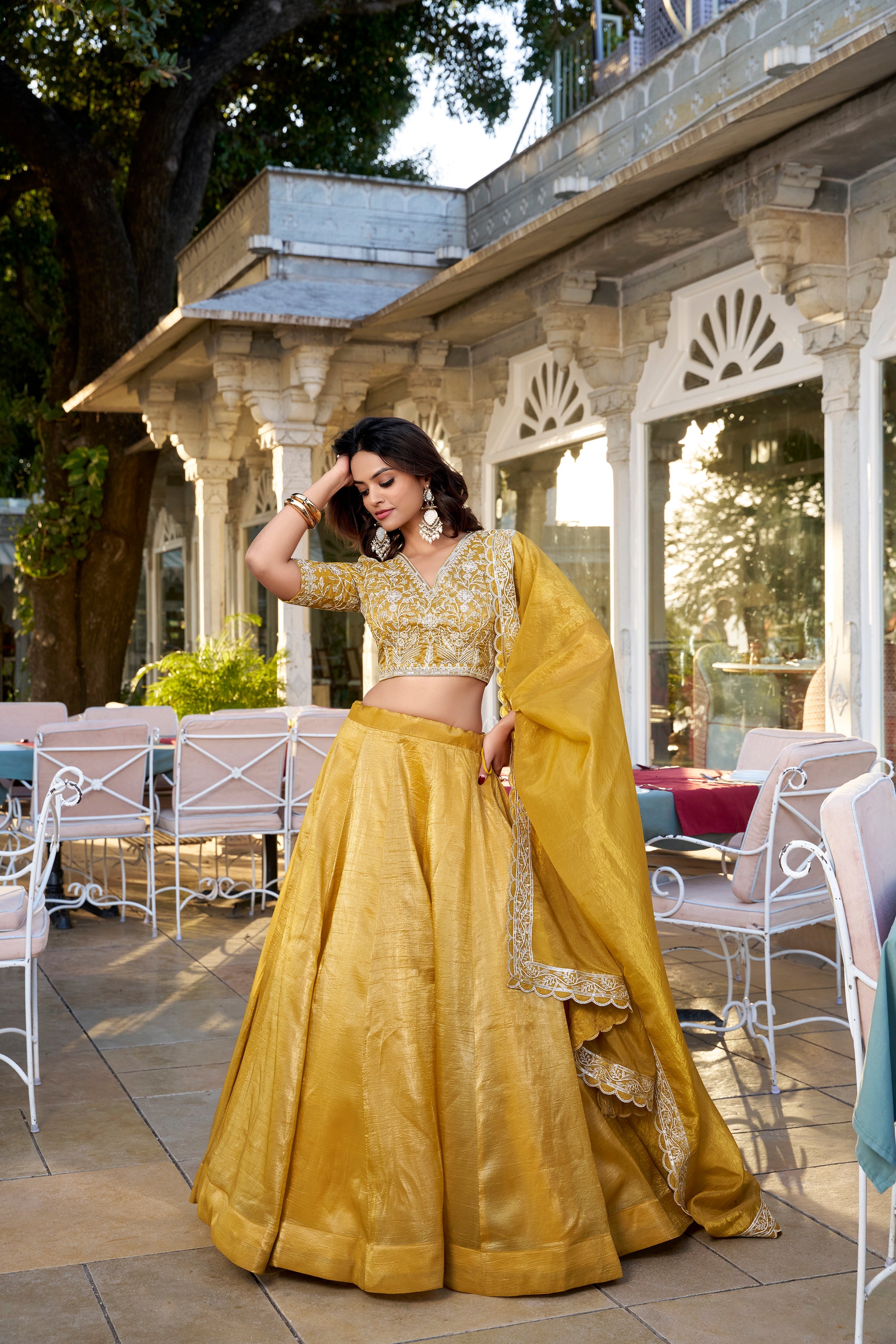 Lorenvalley Mustard Goldie Plain Lehenga with Sequins Thread Embroidery Work Choli