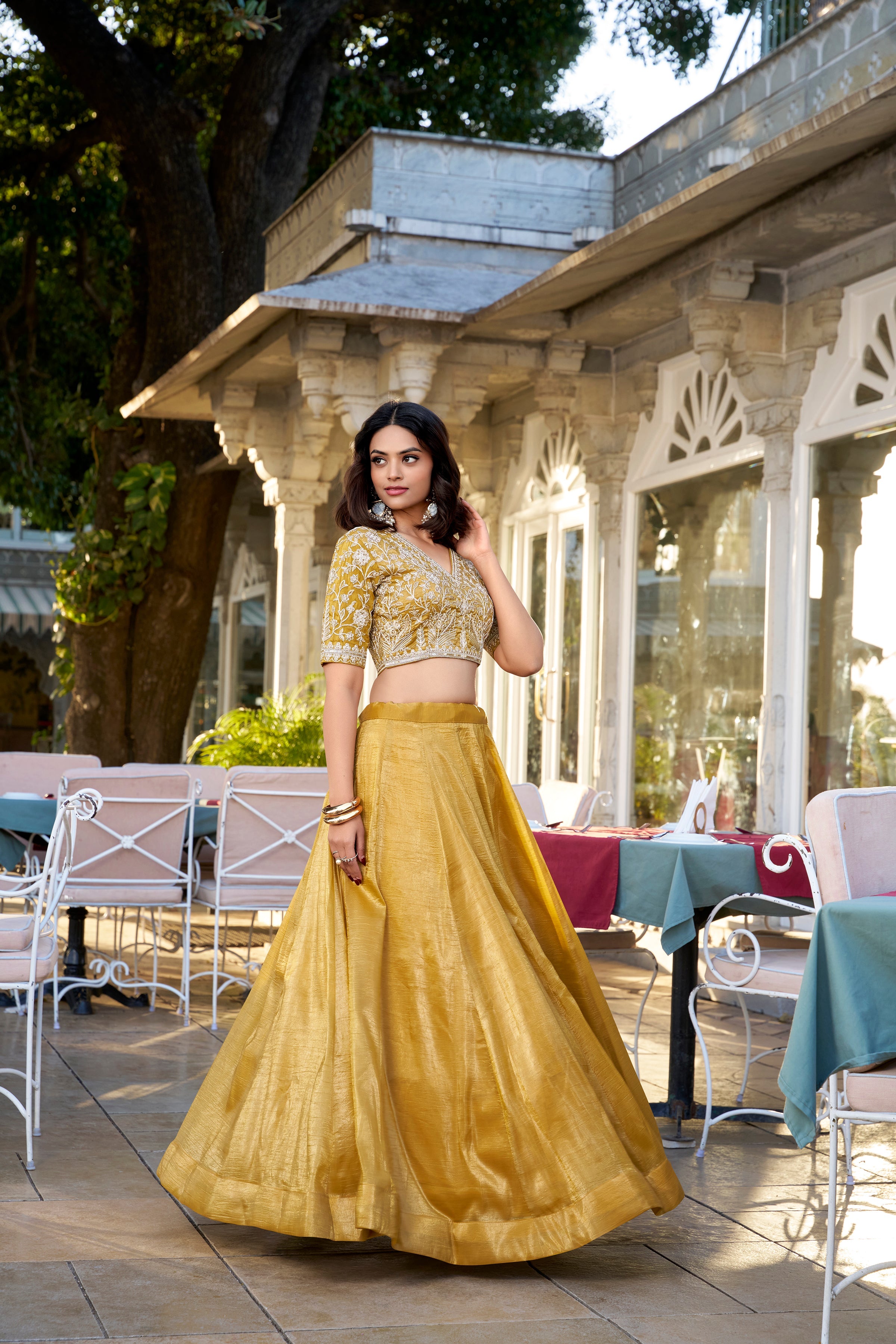 Lorenvalley Mustard Goldie Plain Lehenga with Sequins Thread Embroidery Work Choli