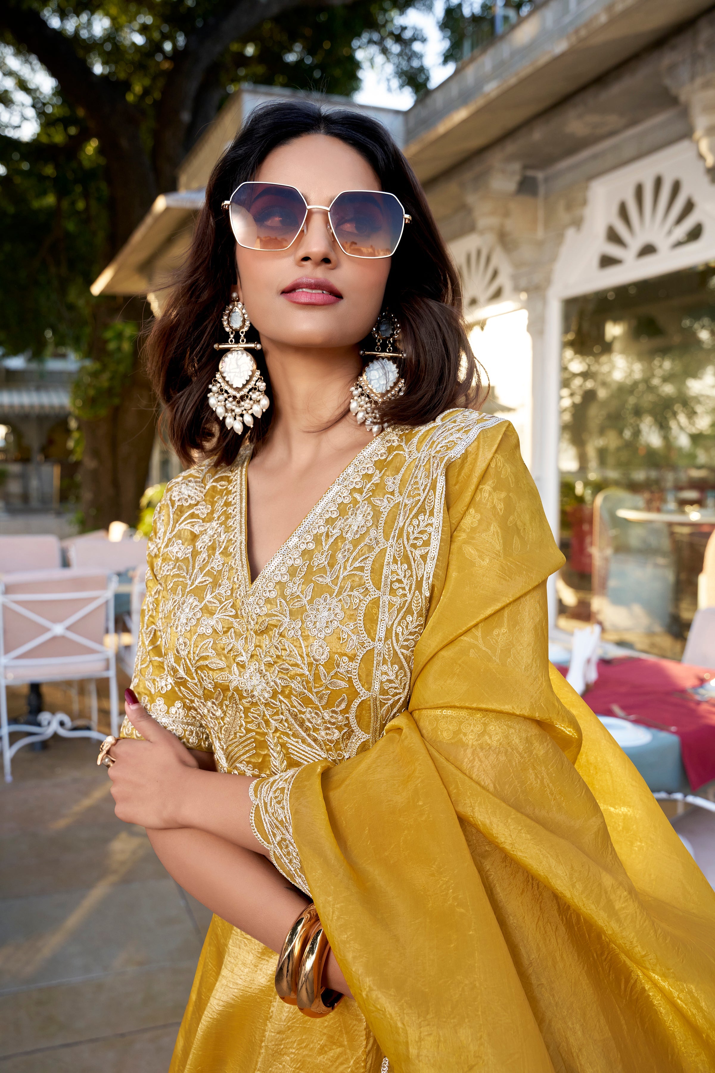 Lorenvalley Mustard Goldie Plain Lehenga with Sequins Thread Embroidery Work Choli