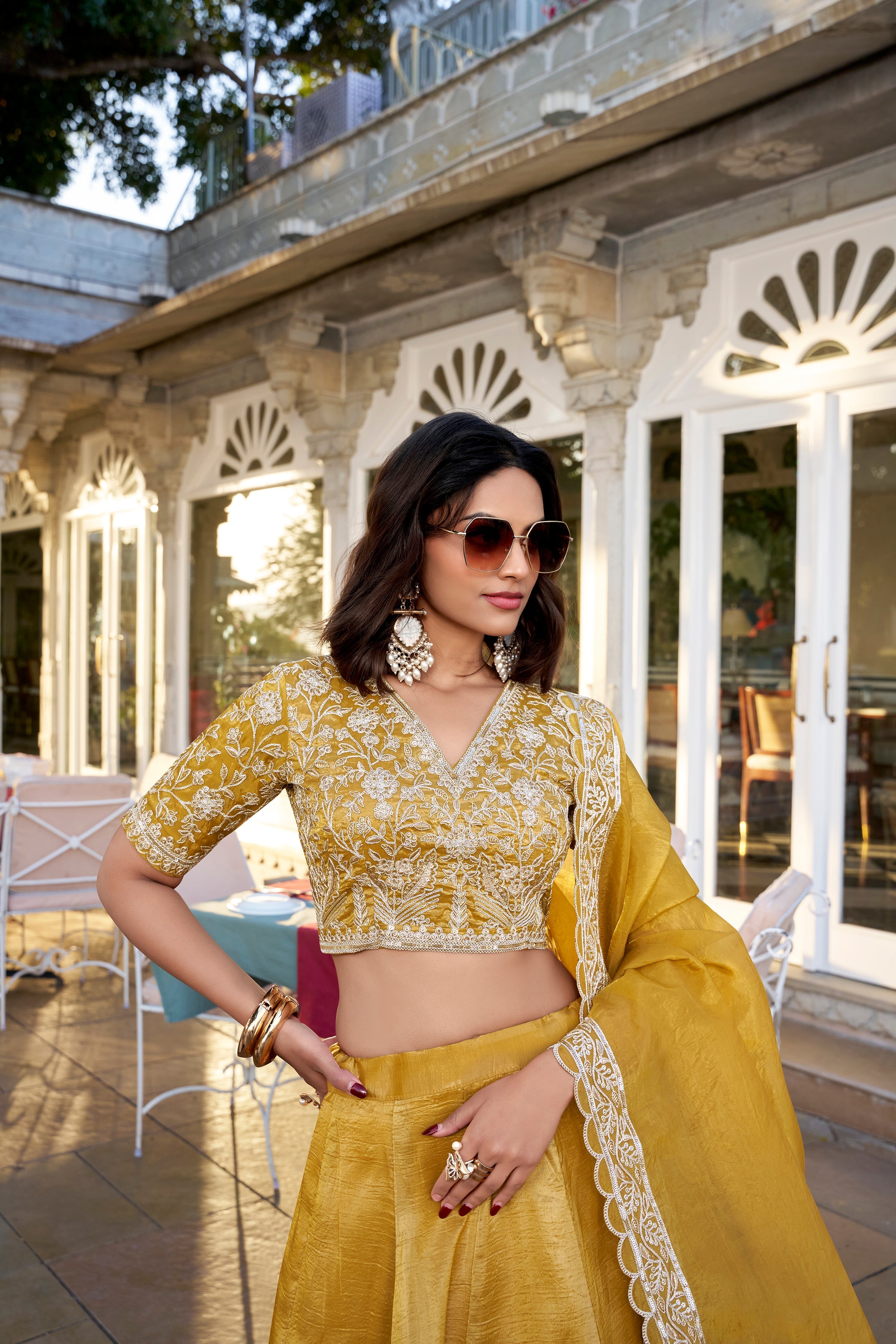 Lorenvalley Mustard Goldie Plain Lehenga with Sequins Thread Embroidery Work Choli