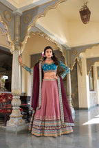 Lorenvalley Peach Moonga Silk Sequins and Thread Embroidery Work Lehenga Choli