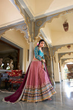 Lorenvalley Peach Moonga Silk Sequins and Thread Embroidery Work Lehenga Choli