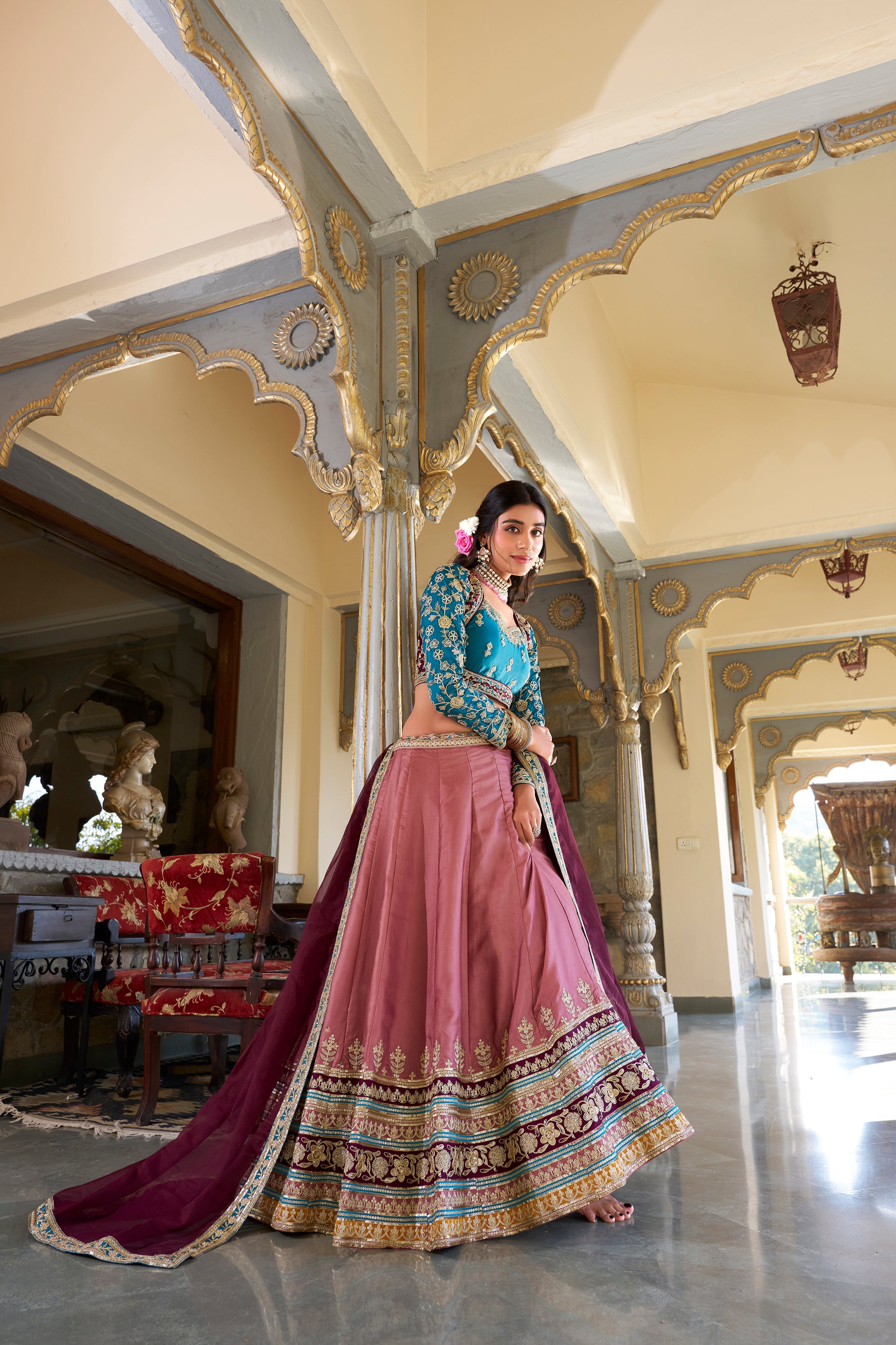Lorenvalley Peach Moonga Silk Sequins and Thread Embroidery Work Lehenga Choli