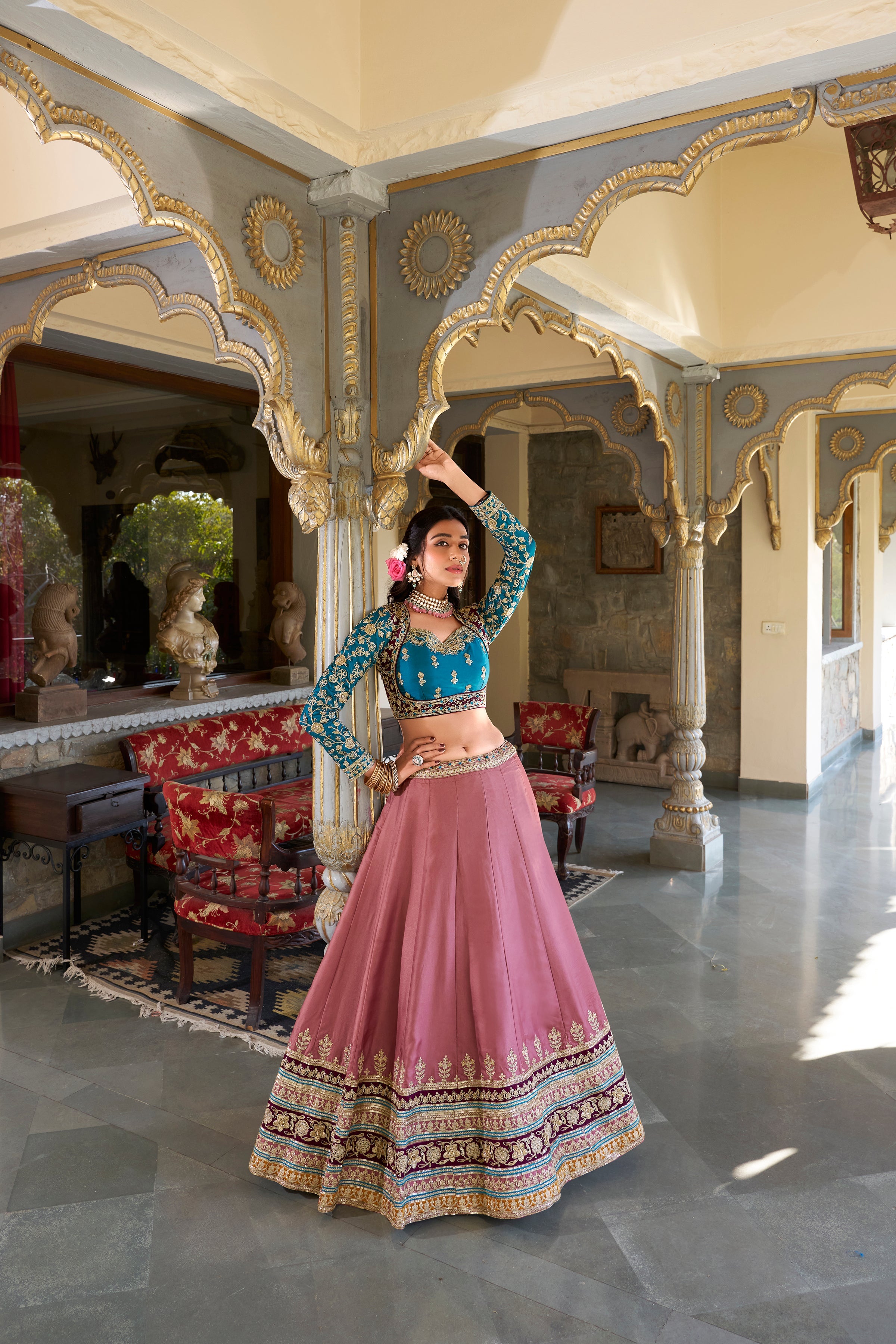 Lorenvalley Peach Moonga Silk Sequins and Thread Embroidery Work Lehenga Choli