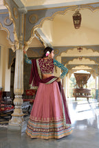 Lorenvalley Peach Moonga Silk Sequins and Thread Embroidery Work Lehenga Choli