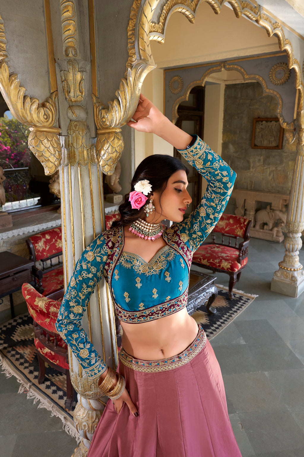Lorenvalley Peach Moonga Silk Sequins and Thread Embroidery Work Lehenga Choli