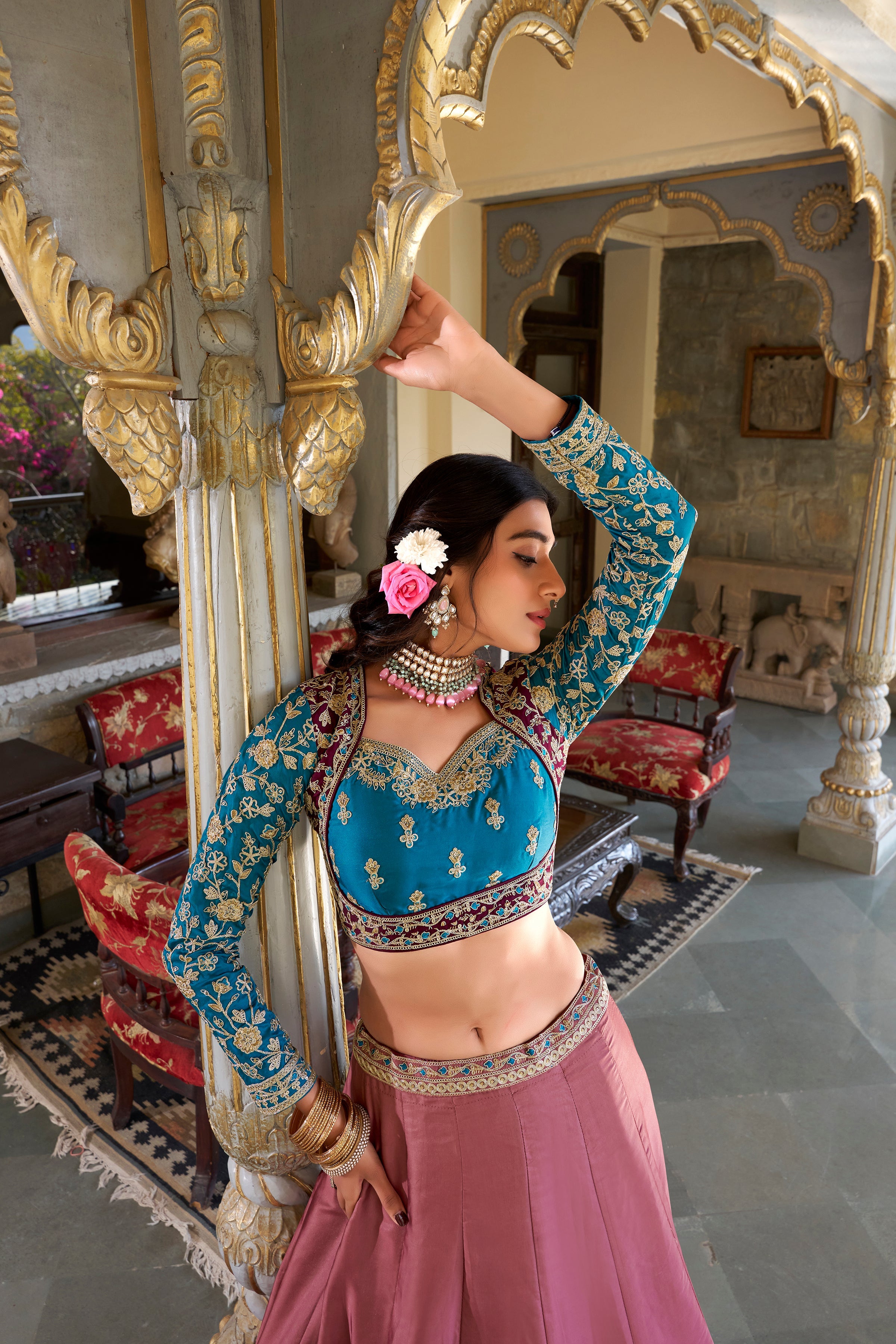 Lorenvalley Peach Moonga Silk Sequins and Thread Embroidery Work Lehenga Choli