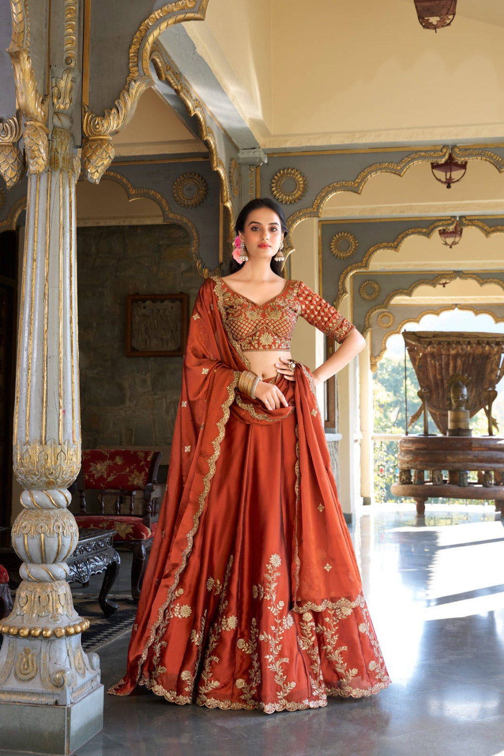 Lorenvalley Orange Rangoli Silk Lehenga choli
