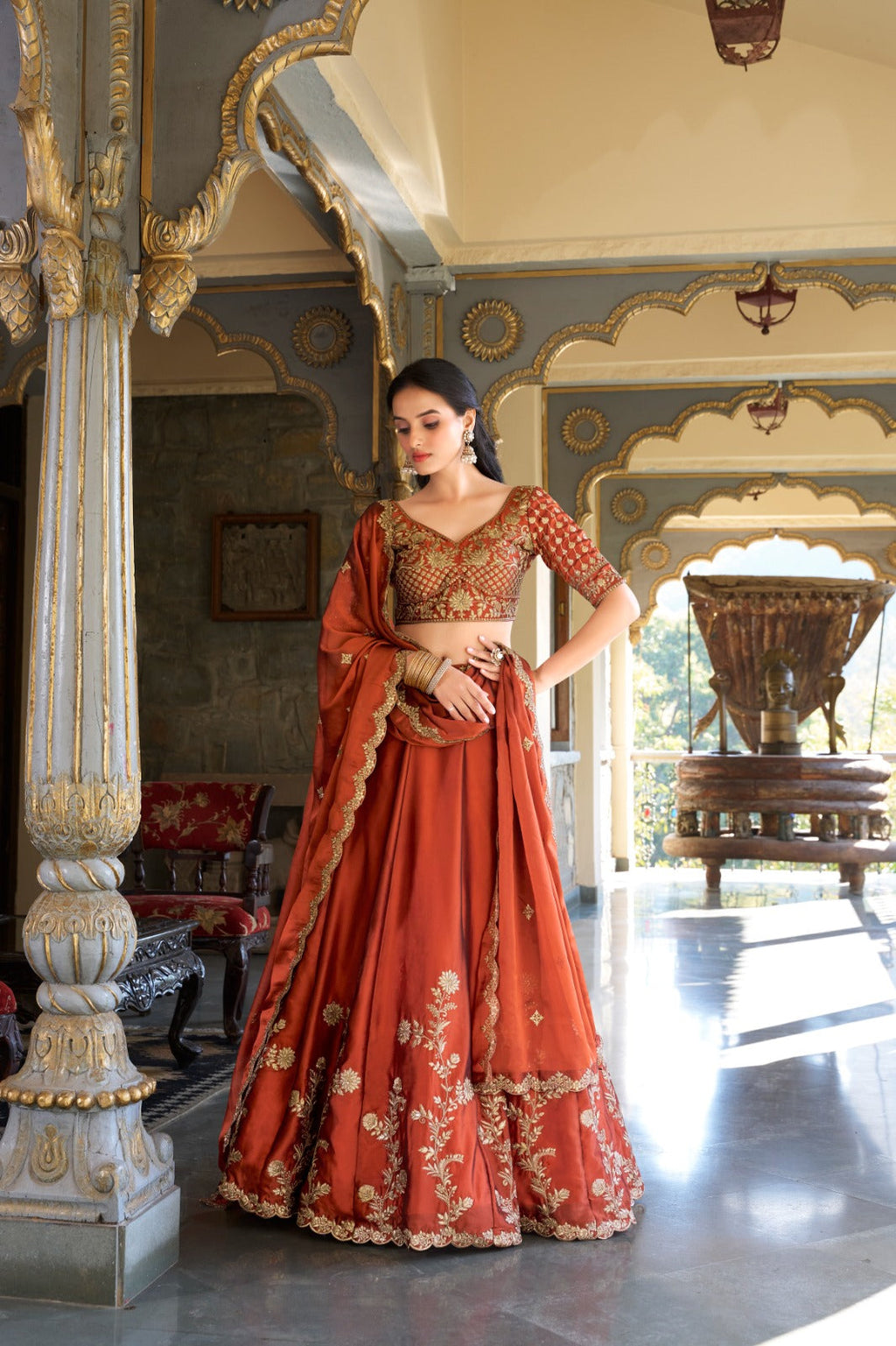 Lorenvalley Orange Rangoli Silk Lehenga choli