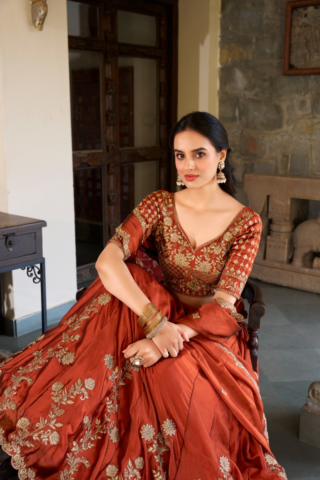 Lorenvalley Orange Rangoli Silk Lehenga choli